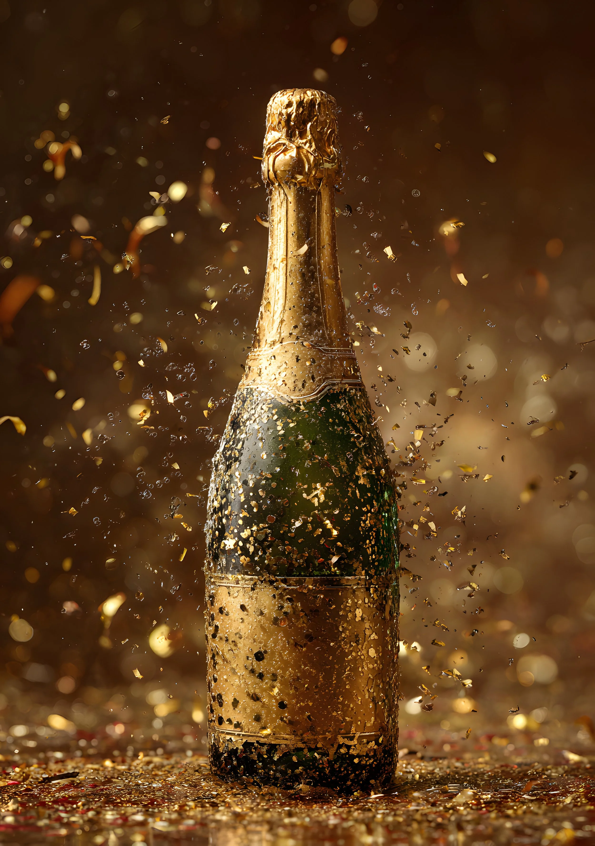 A champagne bottle covered in gold foil being popped open with bubbles and gold confetti flying around.