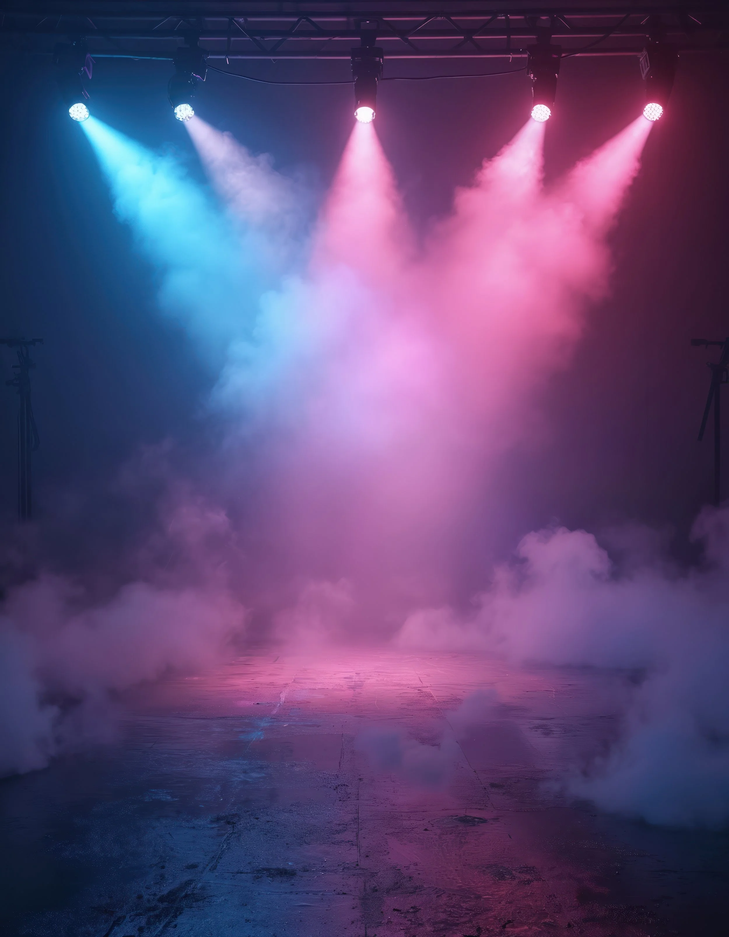 Stage with blue and pink spotlights shining through smoke, creating an atmospheric concert or performance setting.