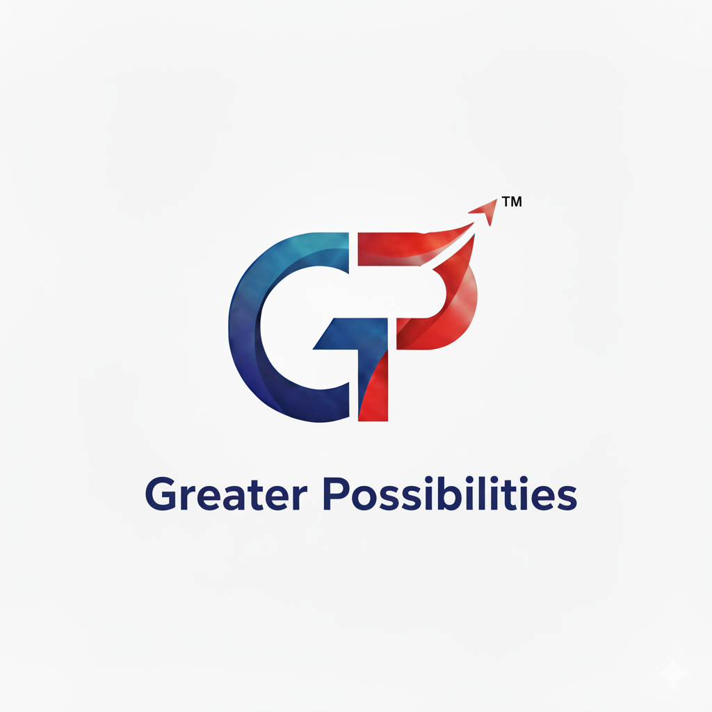 Logo of Greater Possibilities featuring a stylized letter G and arrow integrated into the design, with the text 'Greater Possibilities' below in dark blue.