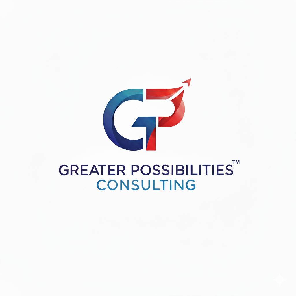 Logo of Greater Possibilities Consulting featuring stylized 'GP' initials with an upward arrow, in blue and red colors, with the company name below.