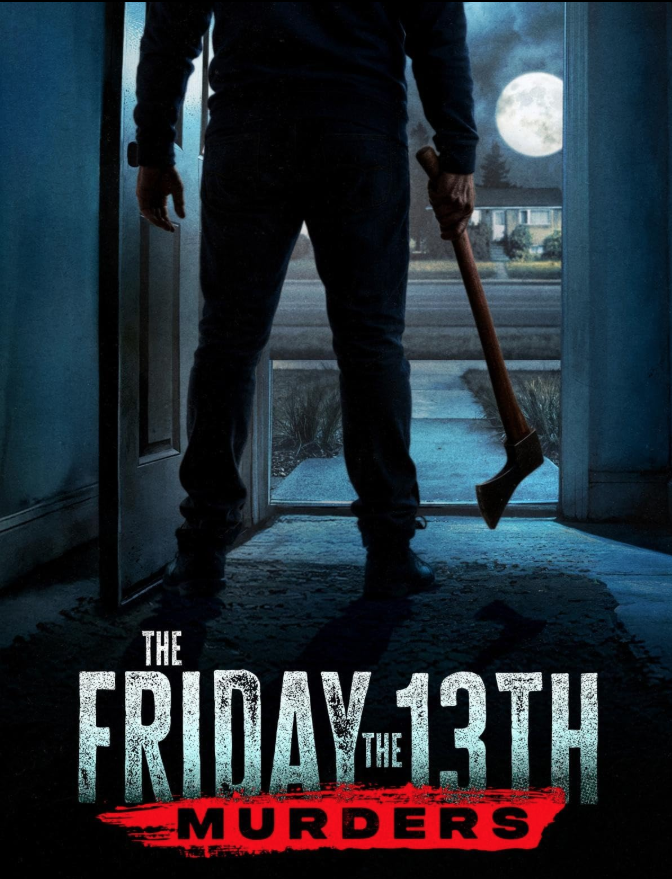 A man standing in a doorway at night, holding an axe, with a full moon visible outside and a house in the distance. The image is dark, with shadows cast inside.