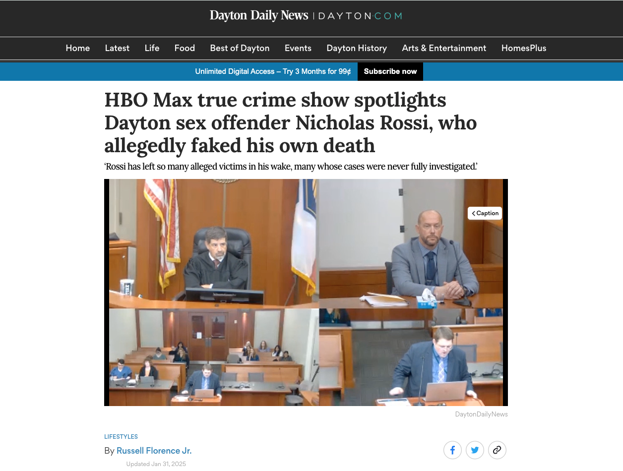Screenshot of a news article from Dayton Daily News with a headline about HBO Max crime show featuring Dayton sex offender Nicholas Rossi. The article includes a photo of a courtroom with judges and attorneys.