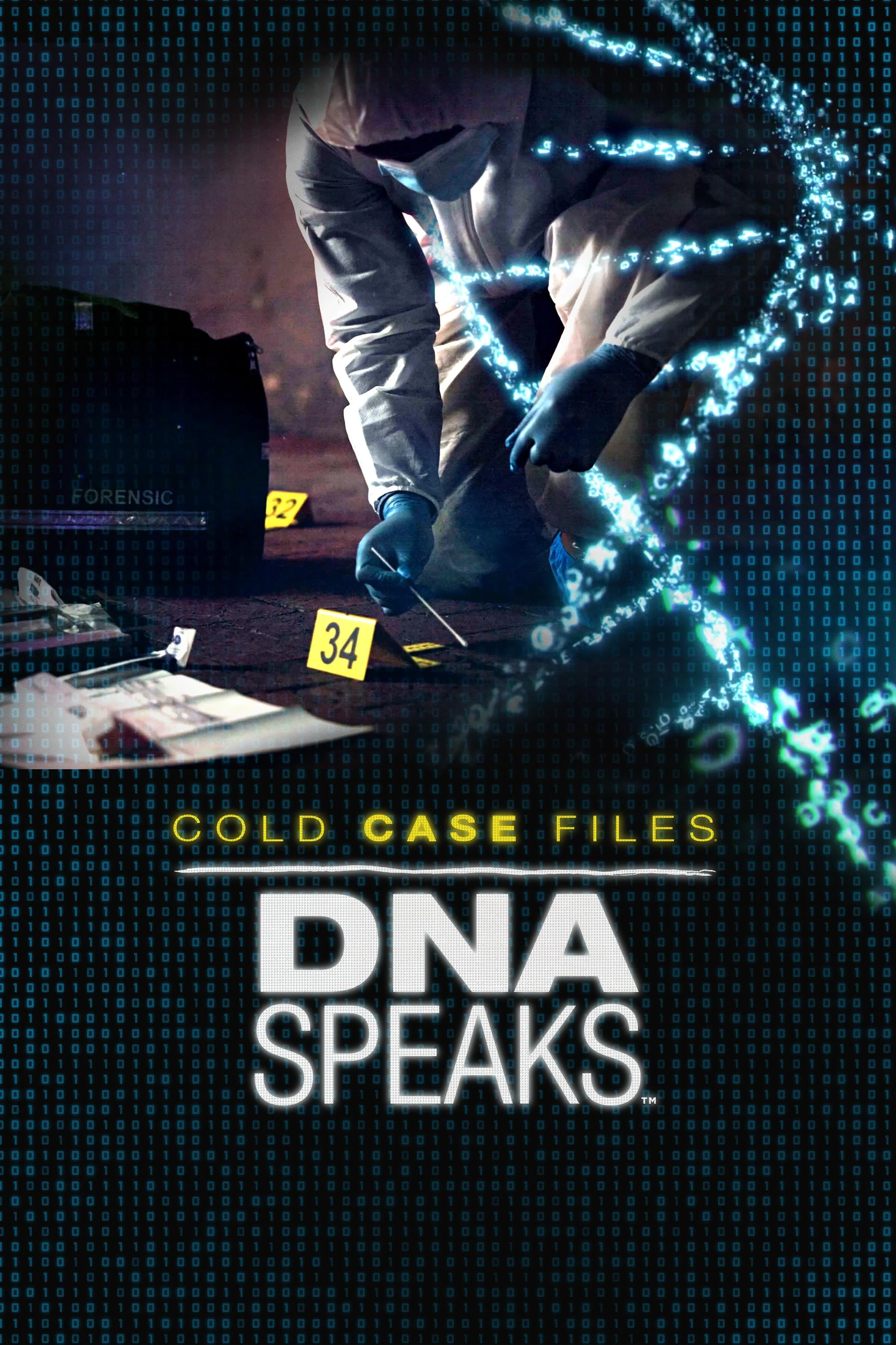 A forensic investigator in a hazmat suit examines evidence at a crime scene, with digital DNA strands overlaying the scene. The title reads "Cold Case Files: DNA Speaks."