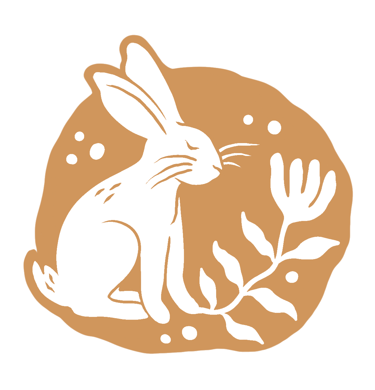 Silhouette of a rabbit with a floral element inside a circular background, with a large moon-like shape and small dots.