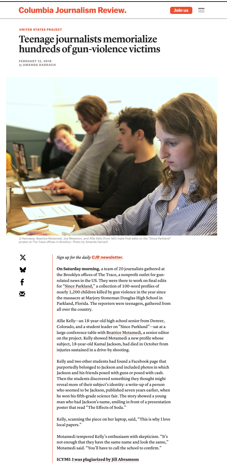 Headline of Columbia Journalism Review article titled "Teenage journalists memorialize hundreds of gun-violence victims" with a photo of four young people working on a project at a table, focused on their laptops and papers.