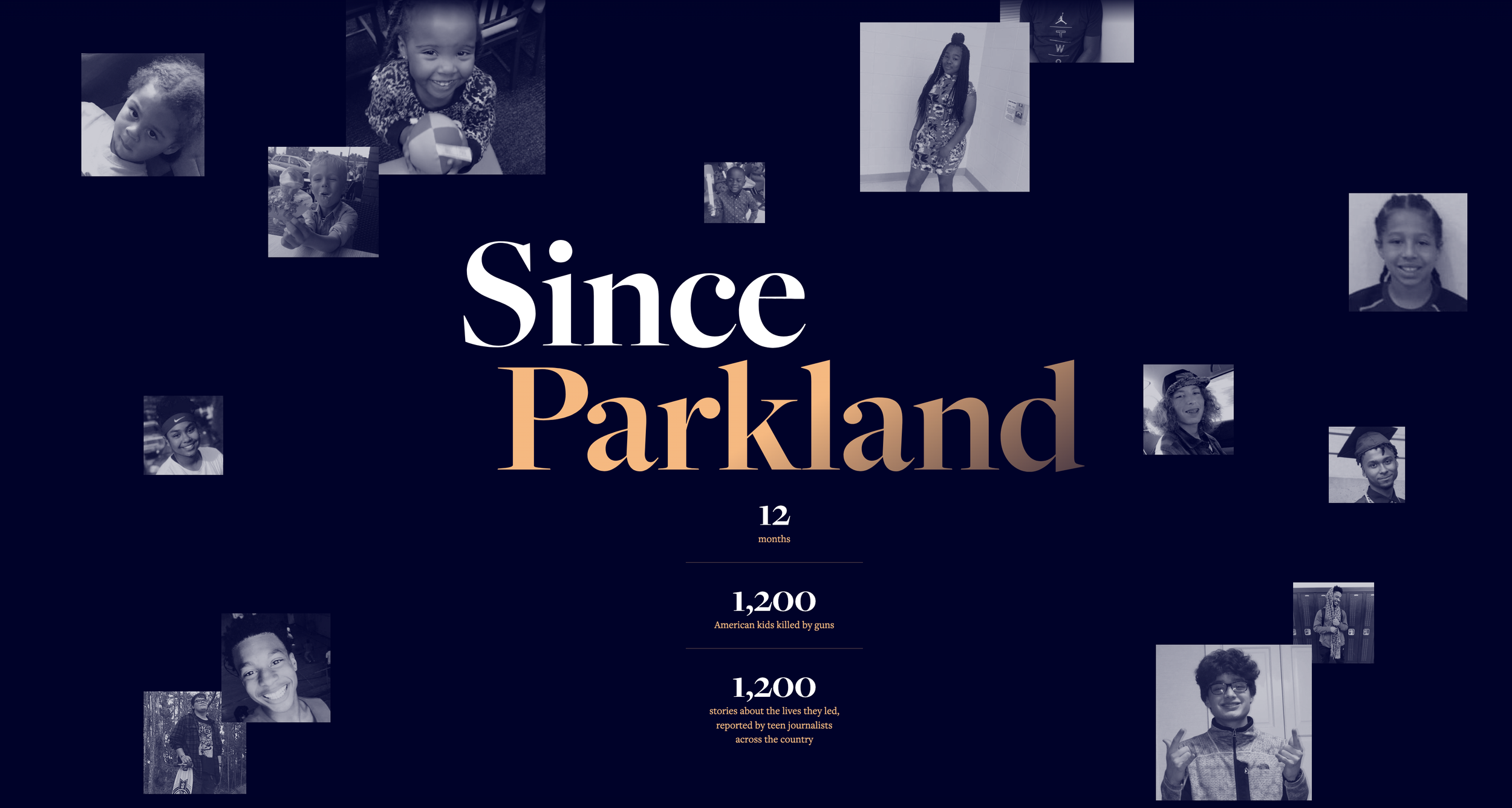 Collage of young children's black and white photos with text indicating statistics about children killed by guns and stories shared, with the prominent text 'Since Parkland' in the center.