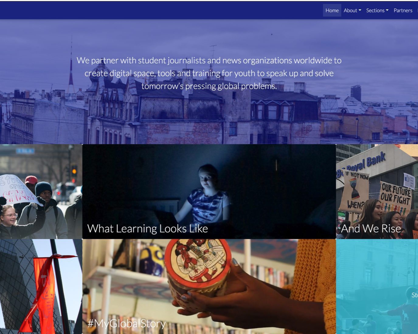 A website homepage with a blue header menu, a large background image of rooftops, and a collage of photos including a person using a laptop in the dark, a protest with signs, a hand holding a decorative container, and a close-up of a flag with a building in the background.
