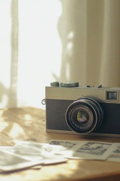 Vintage film camera placed on a wooden table near sunlight streaming through curtains.