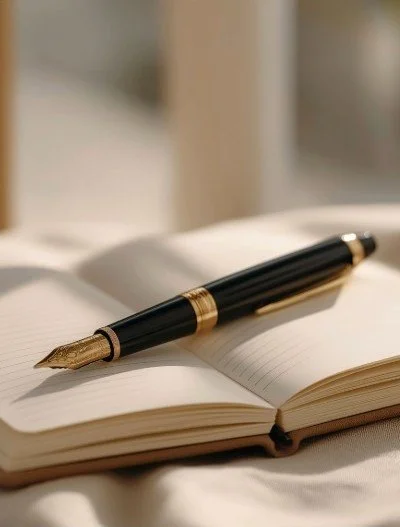 Black and gold fountain pen resting on an open blank notebook.