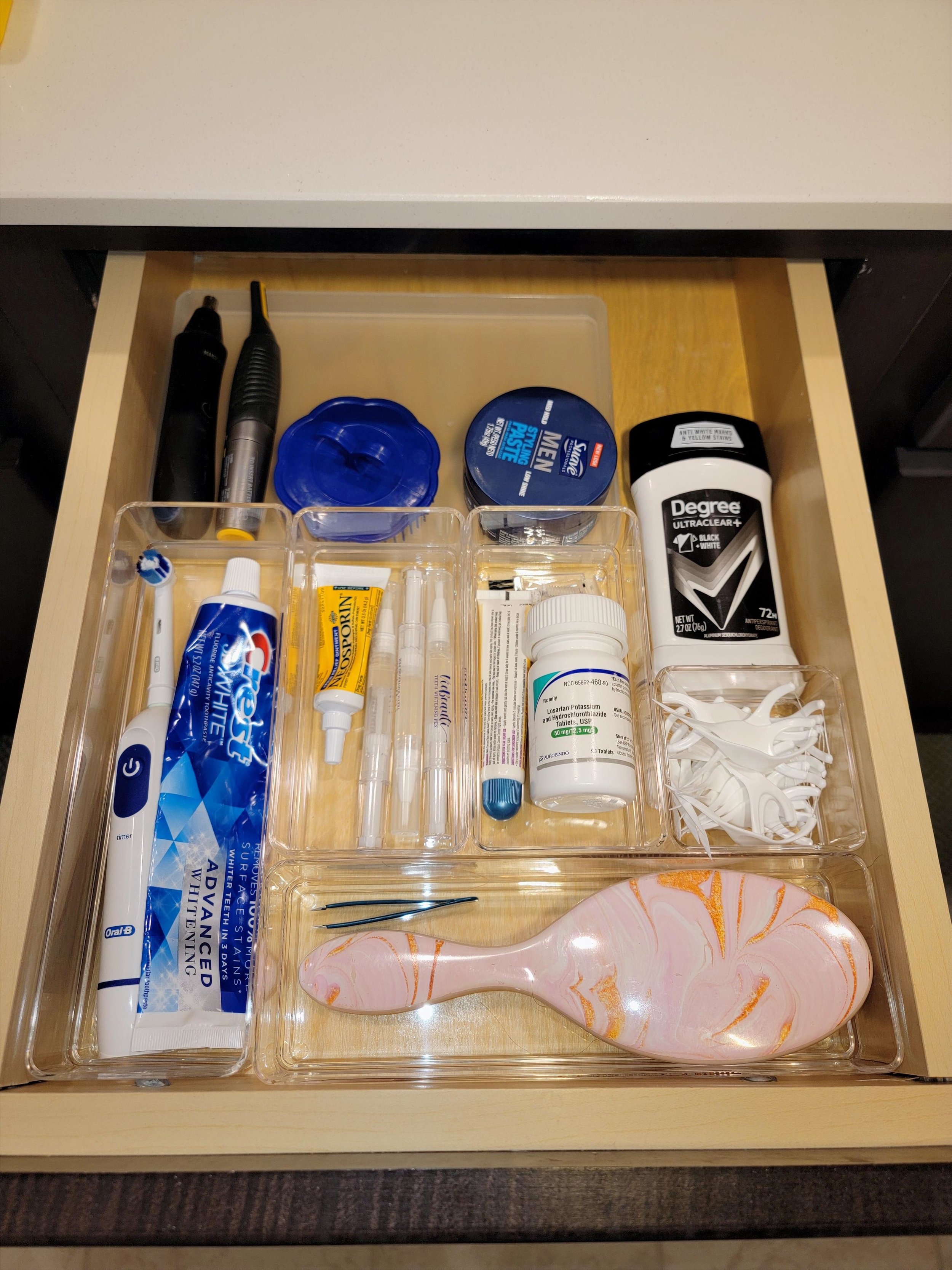 Bathroom drawer organization.