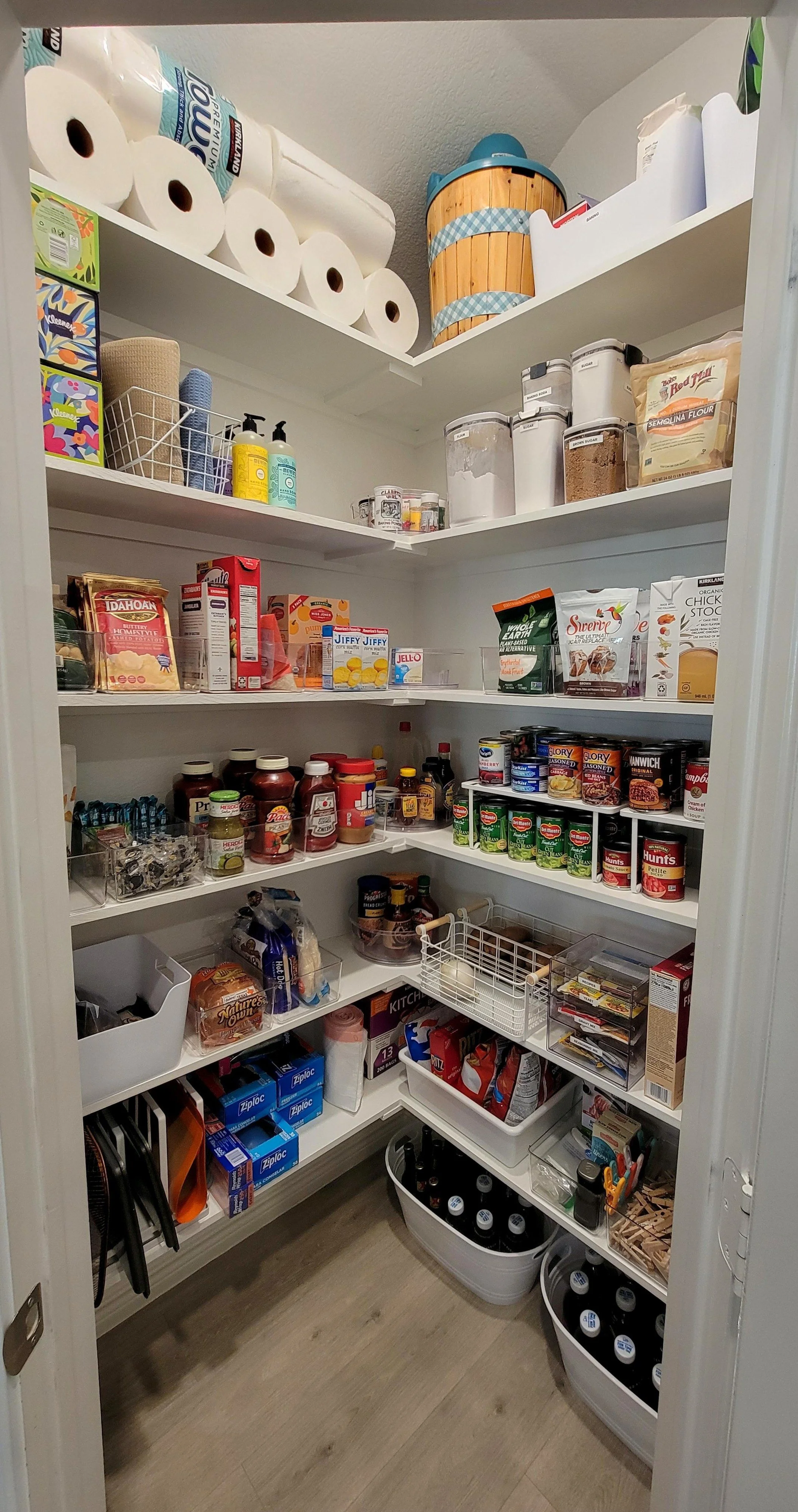 Pantry reno and organization. Built and installed additional shelf above to utilize vertical space. Placed items on top shelf that are rarely and/or seldom used along with paper towel backstock.