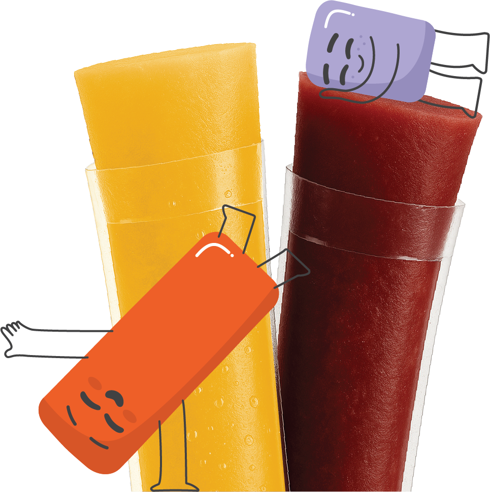 Two BoostBlocks ice blocks in orange and berry flavours, featuring the BoostBlocks characters.