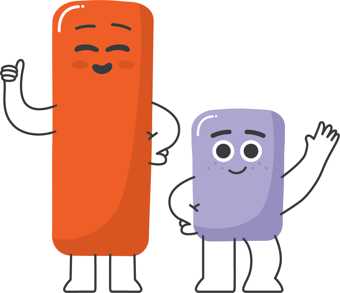 Orange and purple BoostBlocks characters smiling and waving.