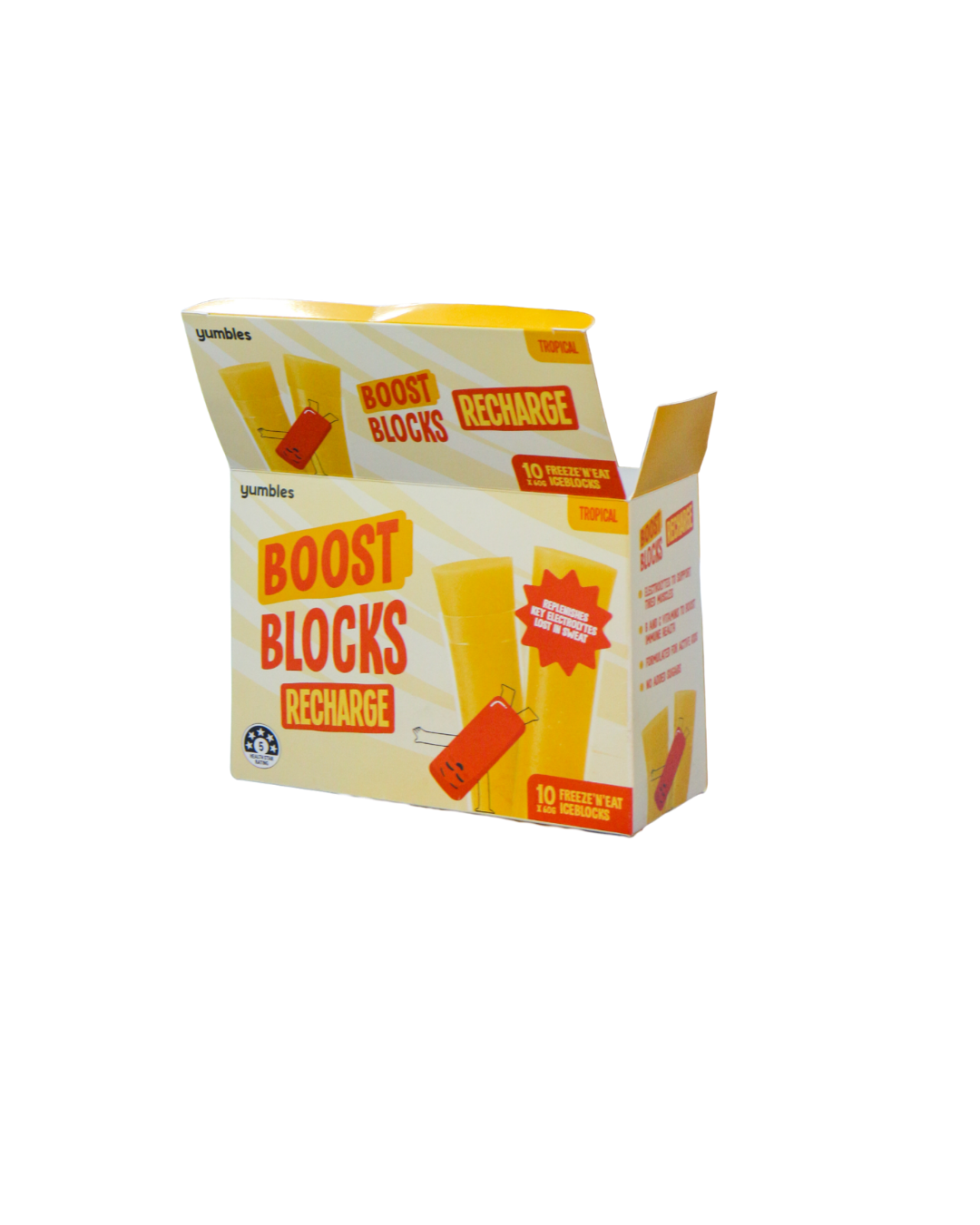 BoostBlocks Recharge tropical-flavoured vitamin and electrolyte ice blocks.