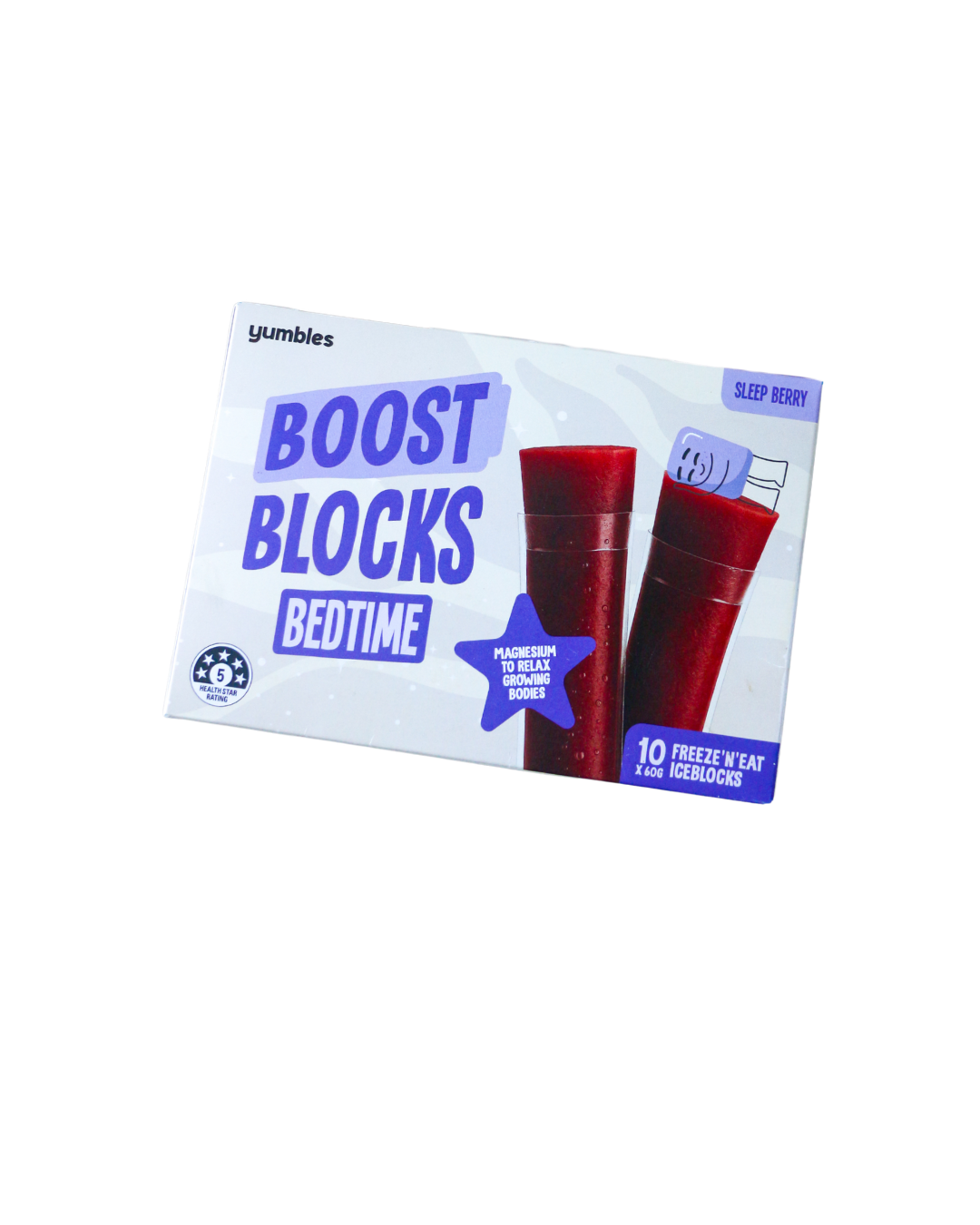 BoostBlocks Bedtime berry-flavoured vitamin ice blocks in a 10-pack.
