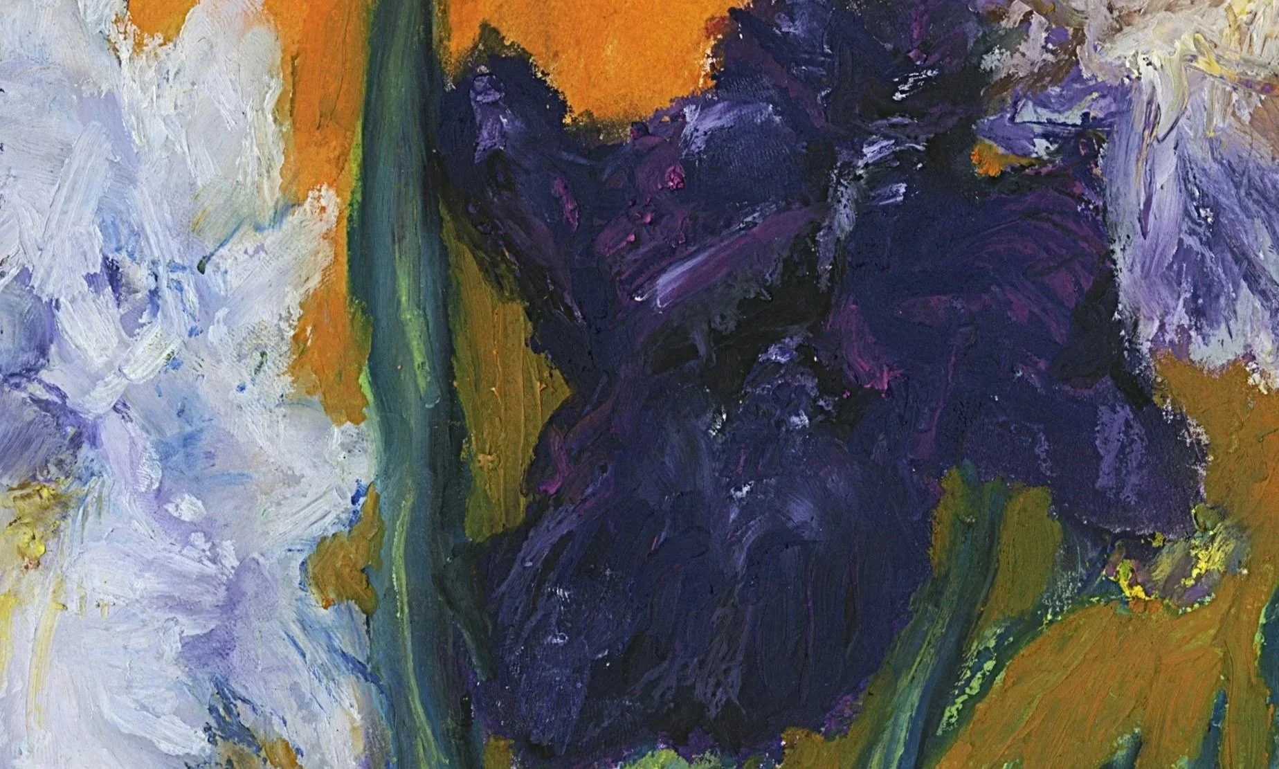 Close up scan of artwork Iris Princess focused on the stems and irises, purple and black flower with oil pastel texture and streaks with green leaves with blue accents in front of orange backdrop