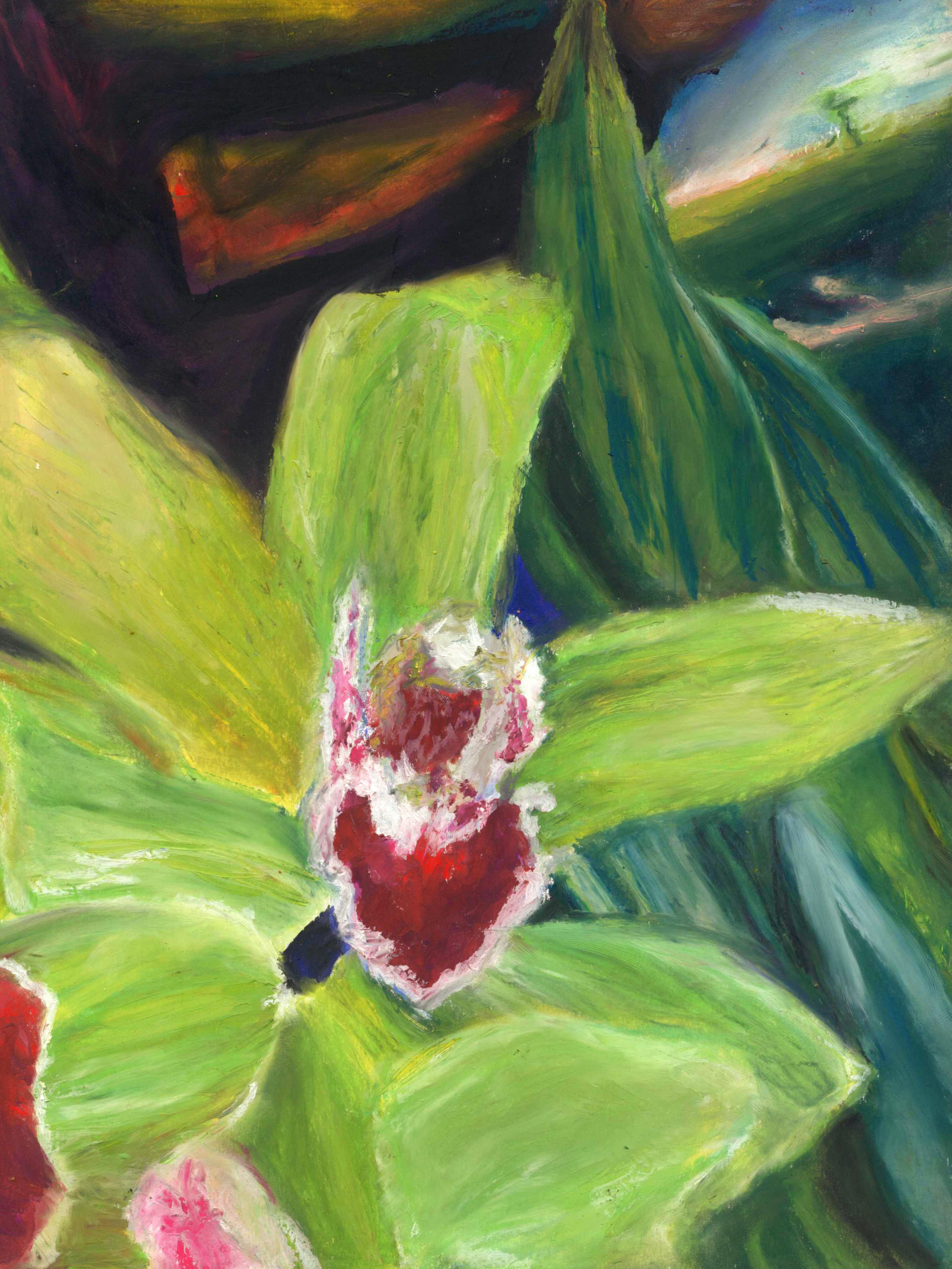 Oil pastel original artwork of a green orchid with groovy background 9x12
