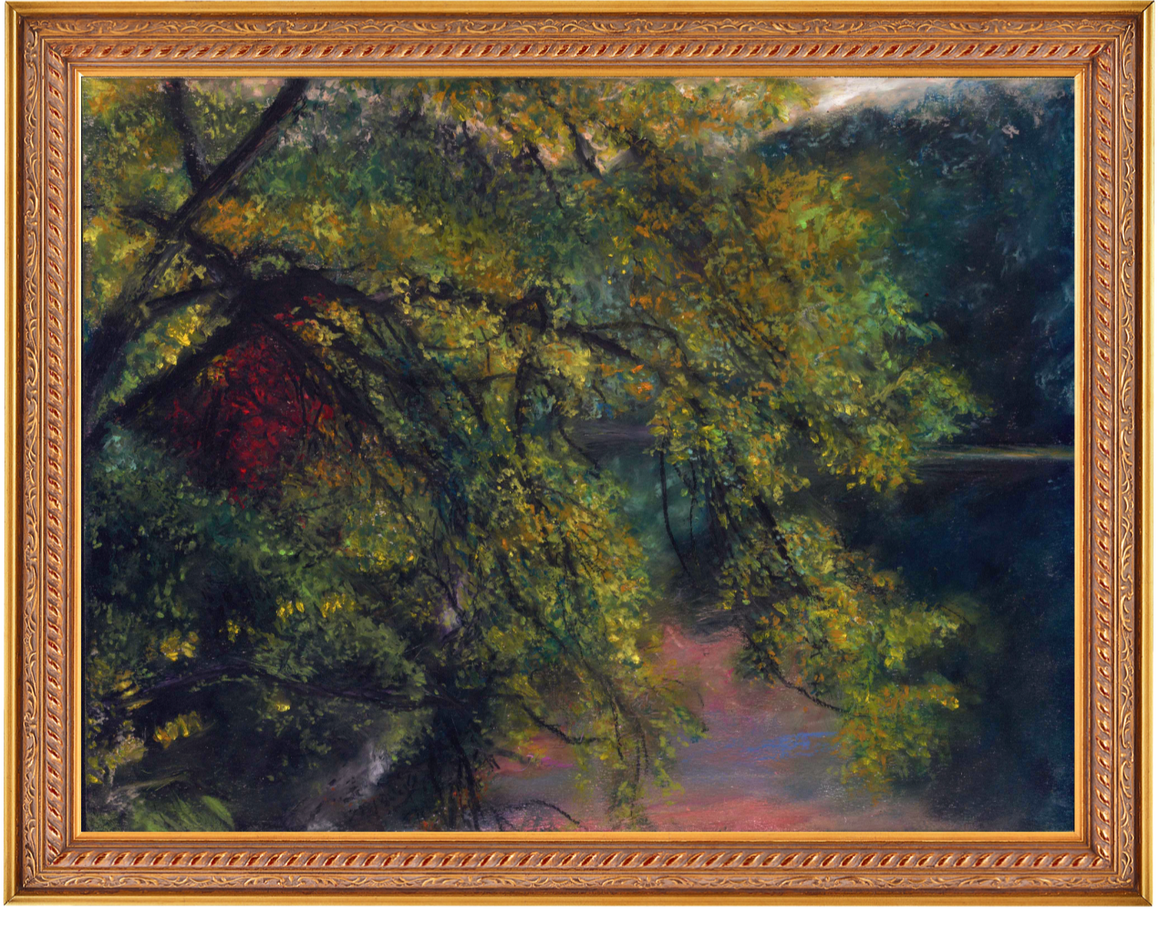 Oil pastel drawing of fall foliage overlooking a river from a bridge at sunset 12x9 16x12 prints