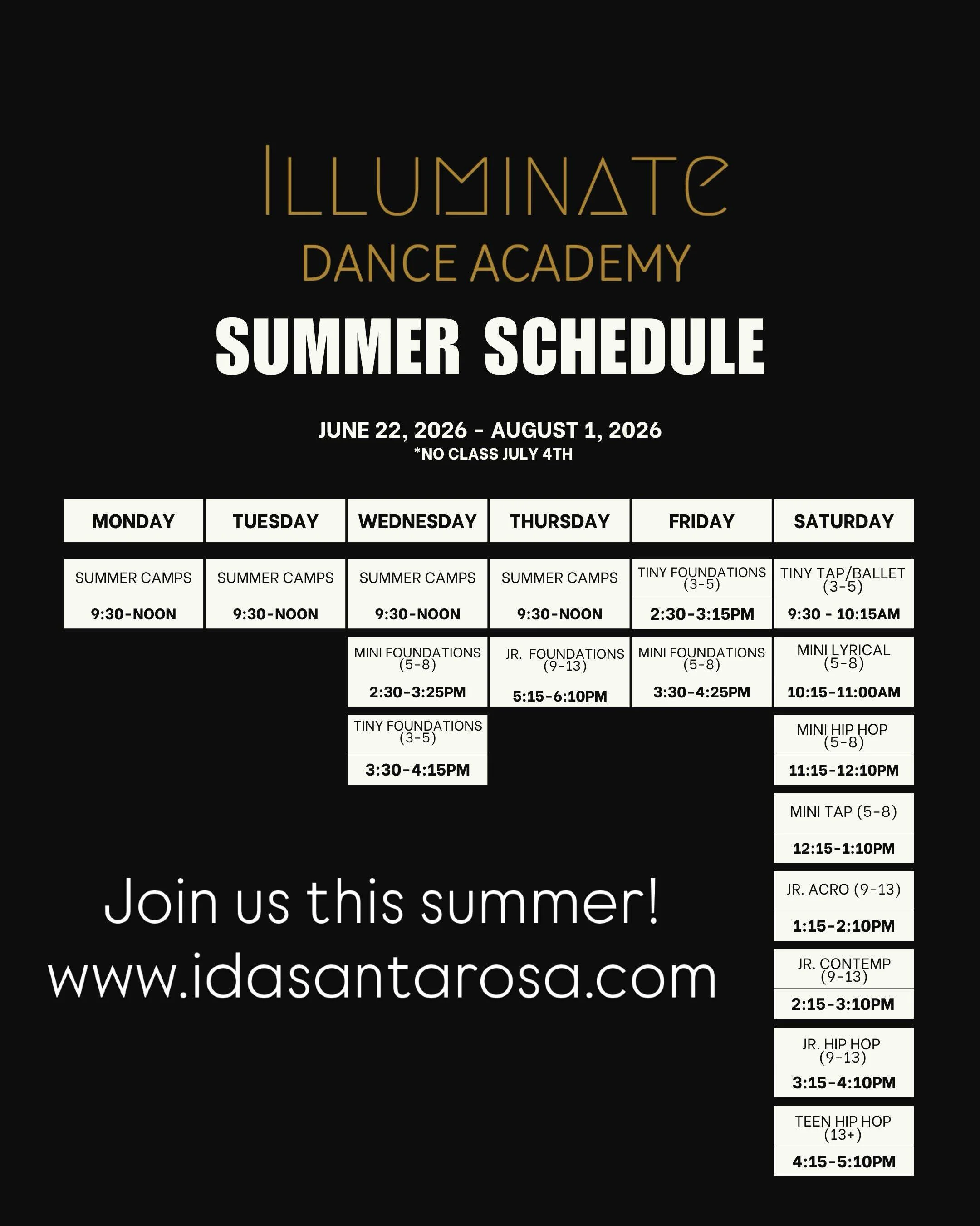 Join us this summer for camps and classes! Visit www.idasantarosa.com for info and registration!