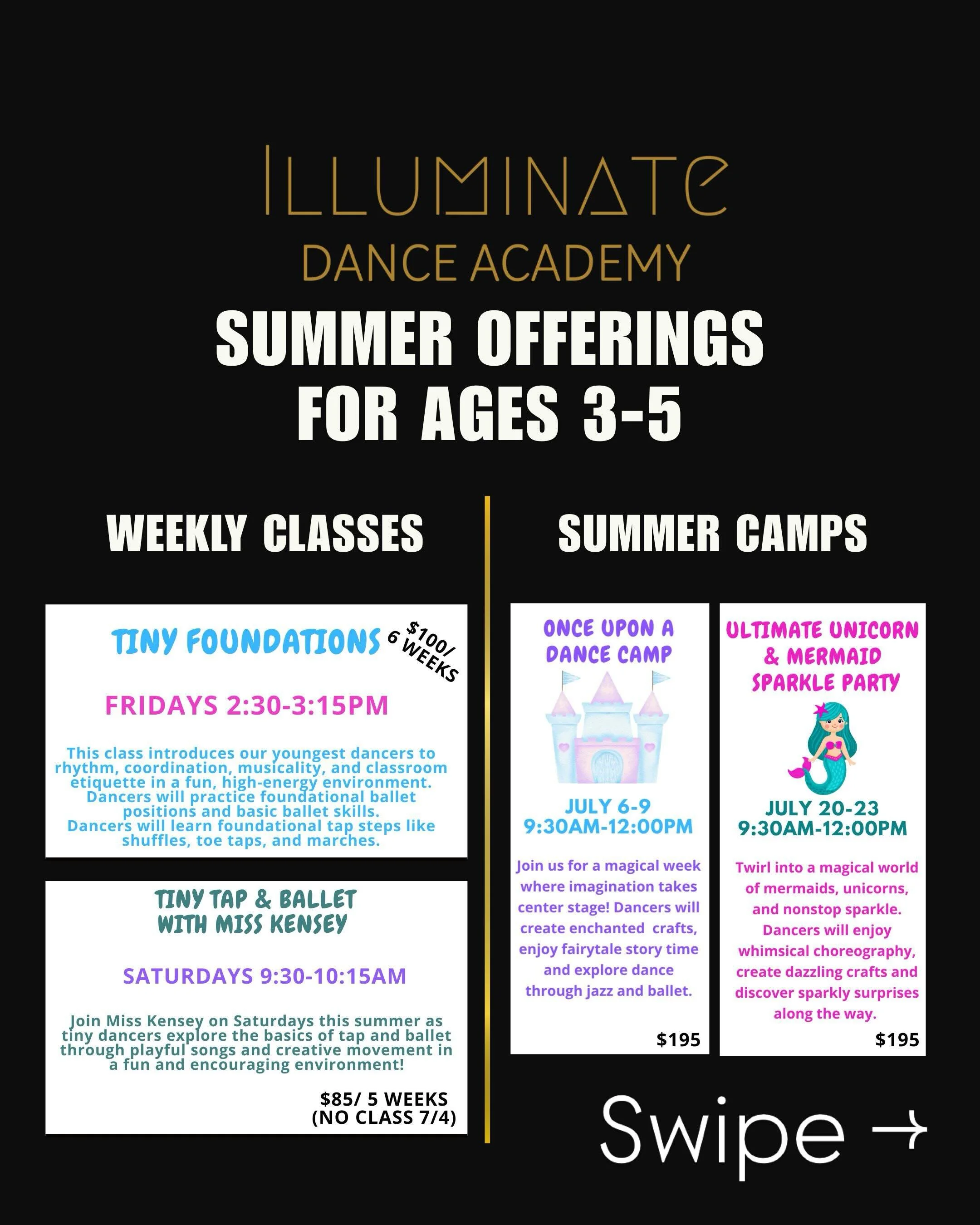Check out all of our summer offerings for each age group! We are so excited to dance all summer long! www.idasantarosa.com