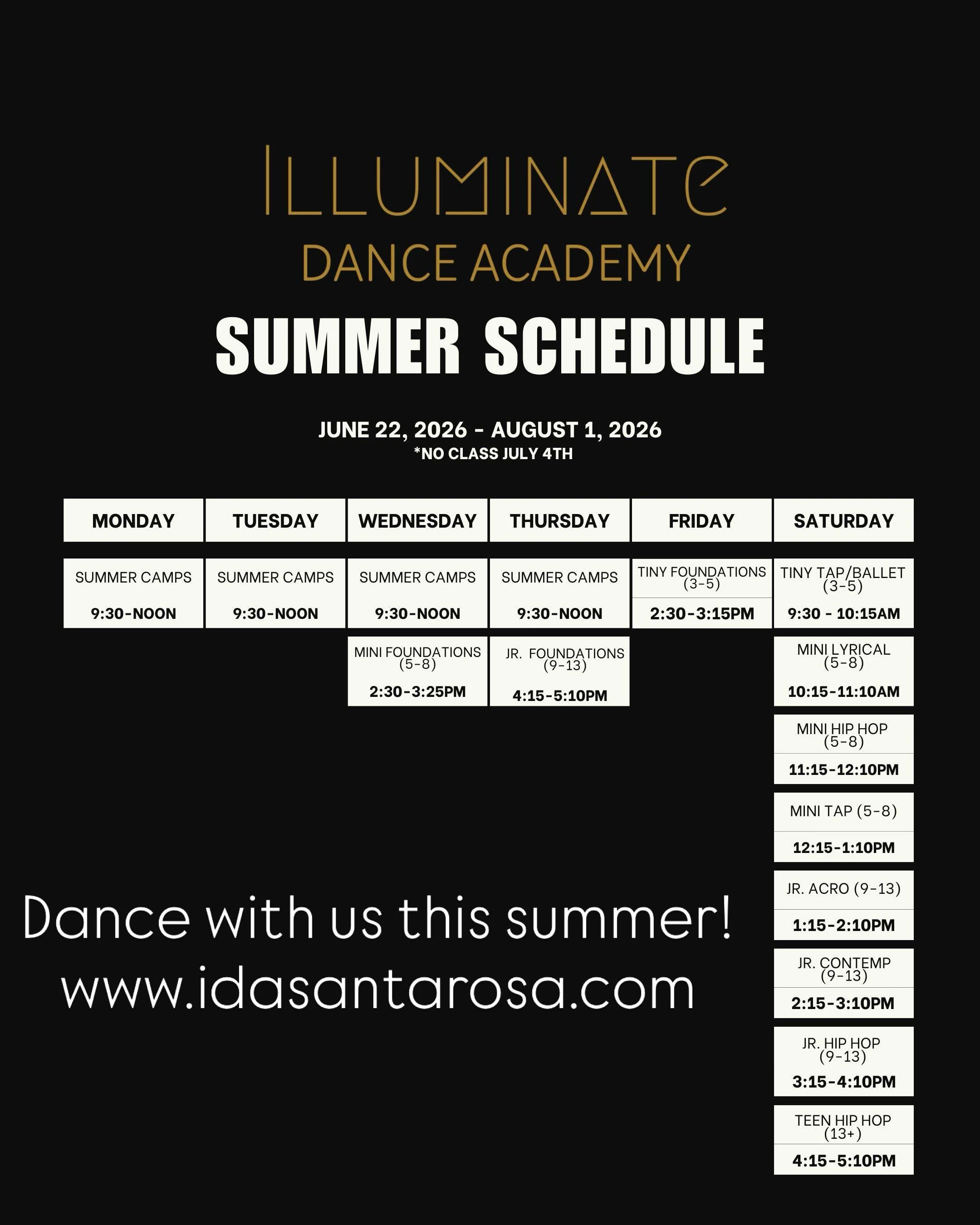Dance with IDA this summer! Camps and classes for kids and teens. Visit www.idasantarosa.com