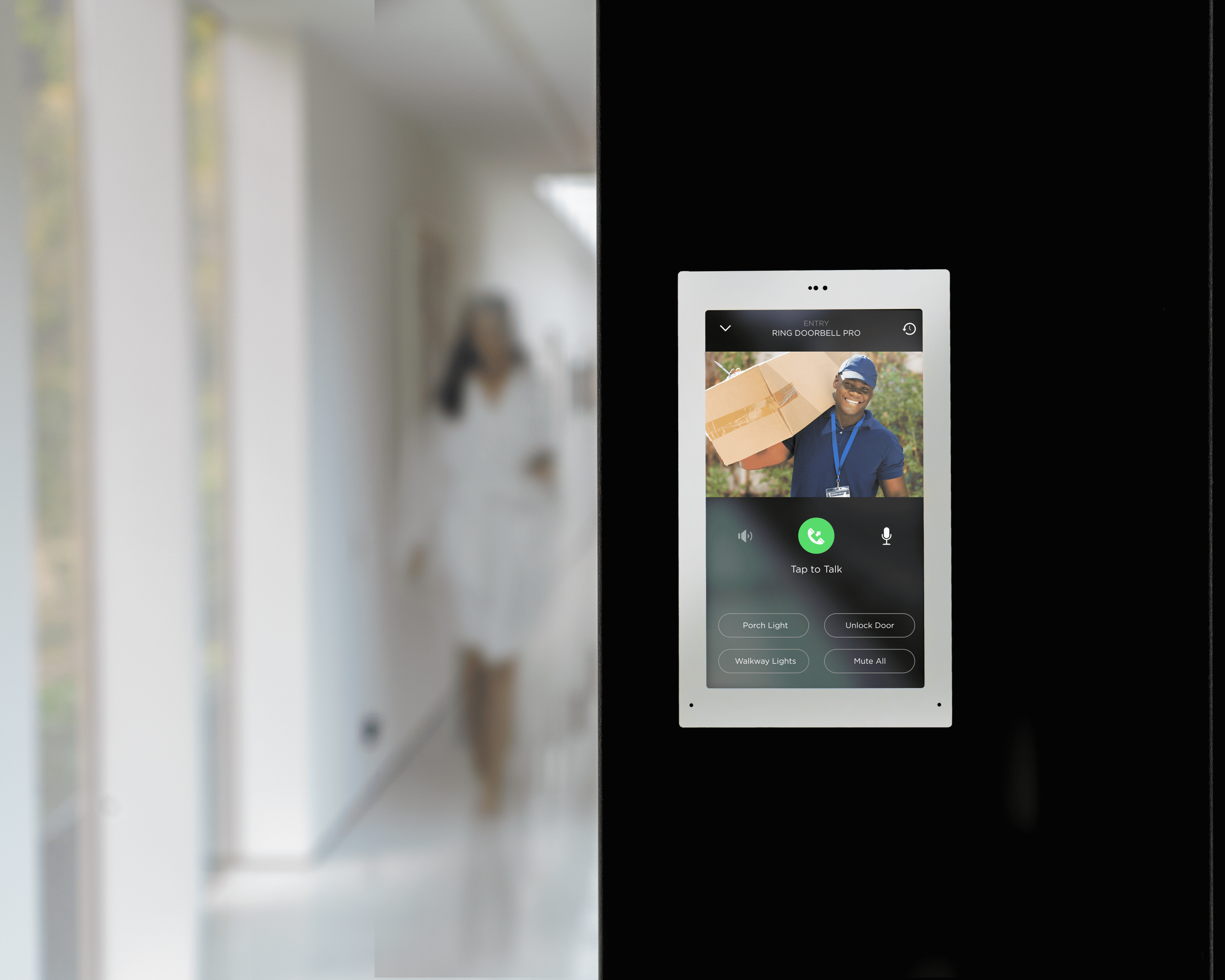 Video doorbell screen showing a delivery person at the door, with smart home controls for communication, door access, and lighting