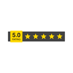 Customer review badge with 5-star rating, 5.0 rating score, and five yellow stars.