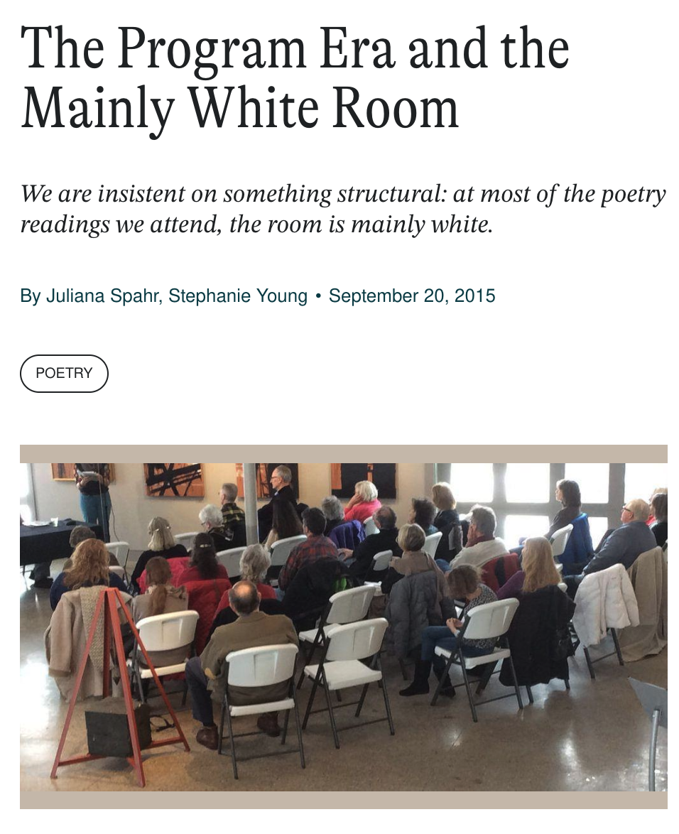 A group of people seated in chairs attending a presentation or poetry reading in a well-lit room with large windows.