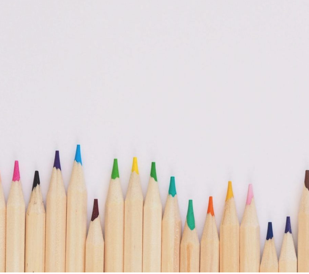A row of colored pencils lined up on a white background, with their tips pointing upwards.