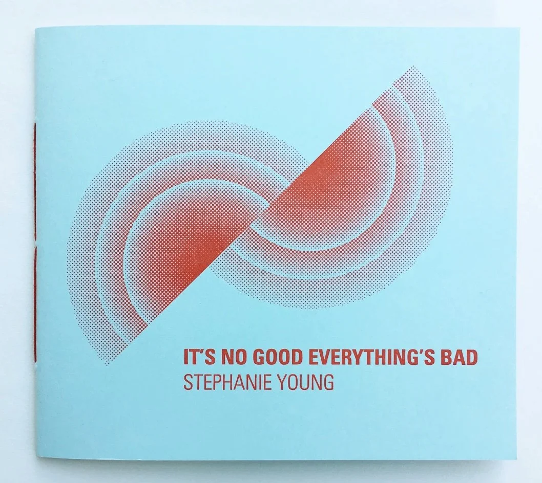 The cover of a book titled "It's No Good Everything's Bad" by Stephanie Young, featuring a light blue background with a stylized orange and pink geometric design of two semi-circles with radiating lines.