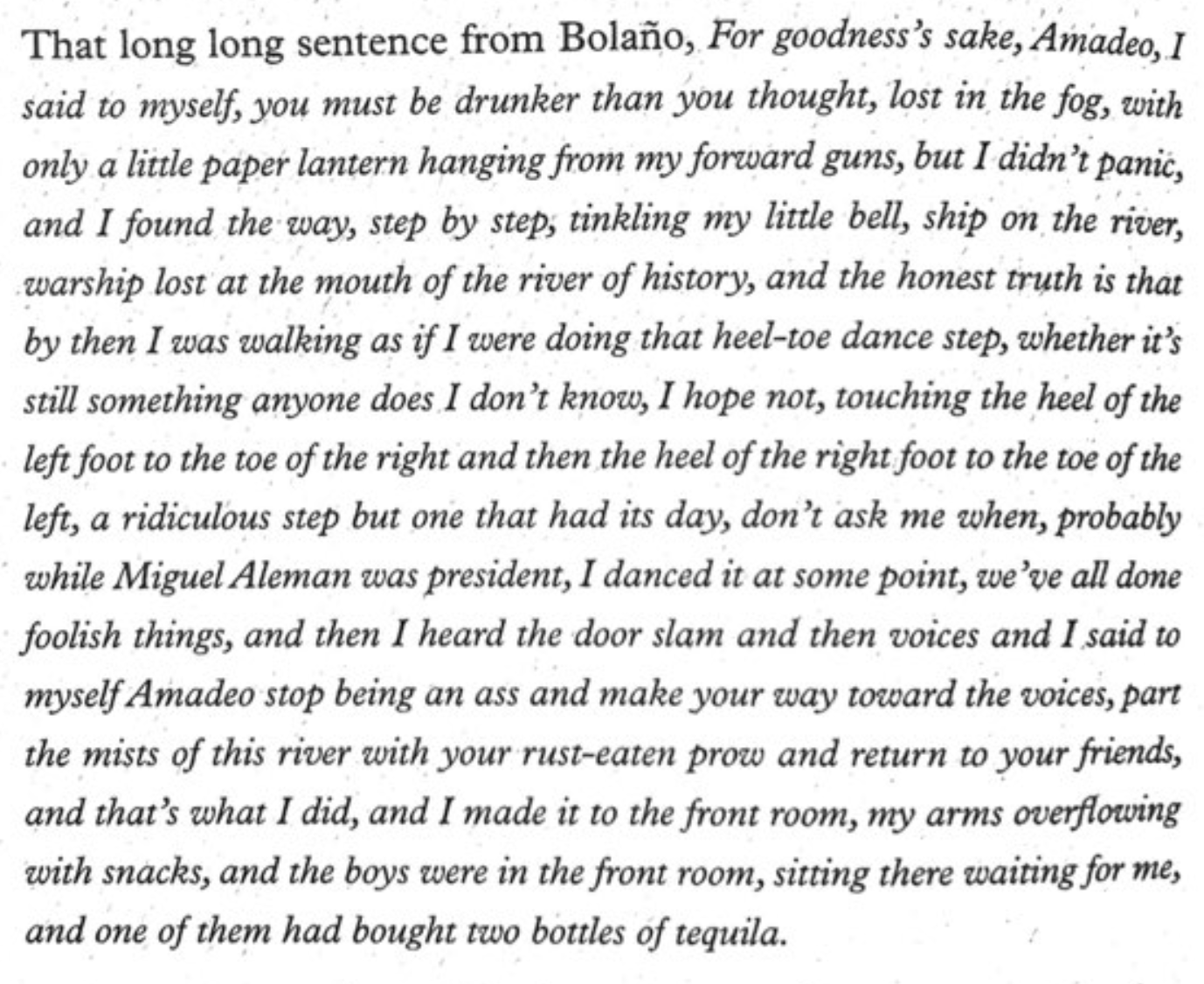 A page of text from "Savage Detectives" by Roberto Bolano featuring a long paragraph of dialogue and narrative beginning with the phrase "For goodness's sake, Amadeo."