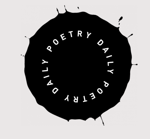 A black ink splatter with the words 'Poetry Daily' written in a circle inside it, on a light gray background.