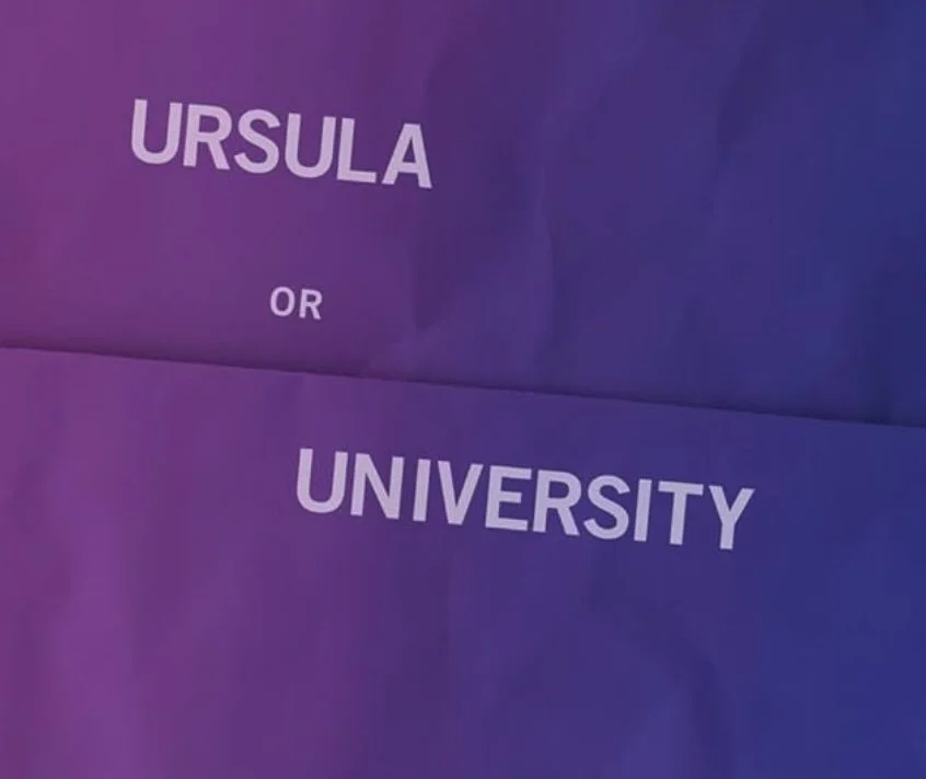 Book cover titled "Ursula or University" by Stephanie Young with the title in lavender on a darker purple background.