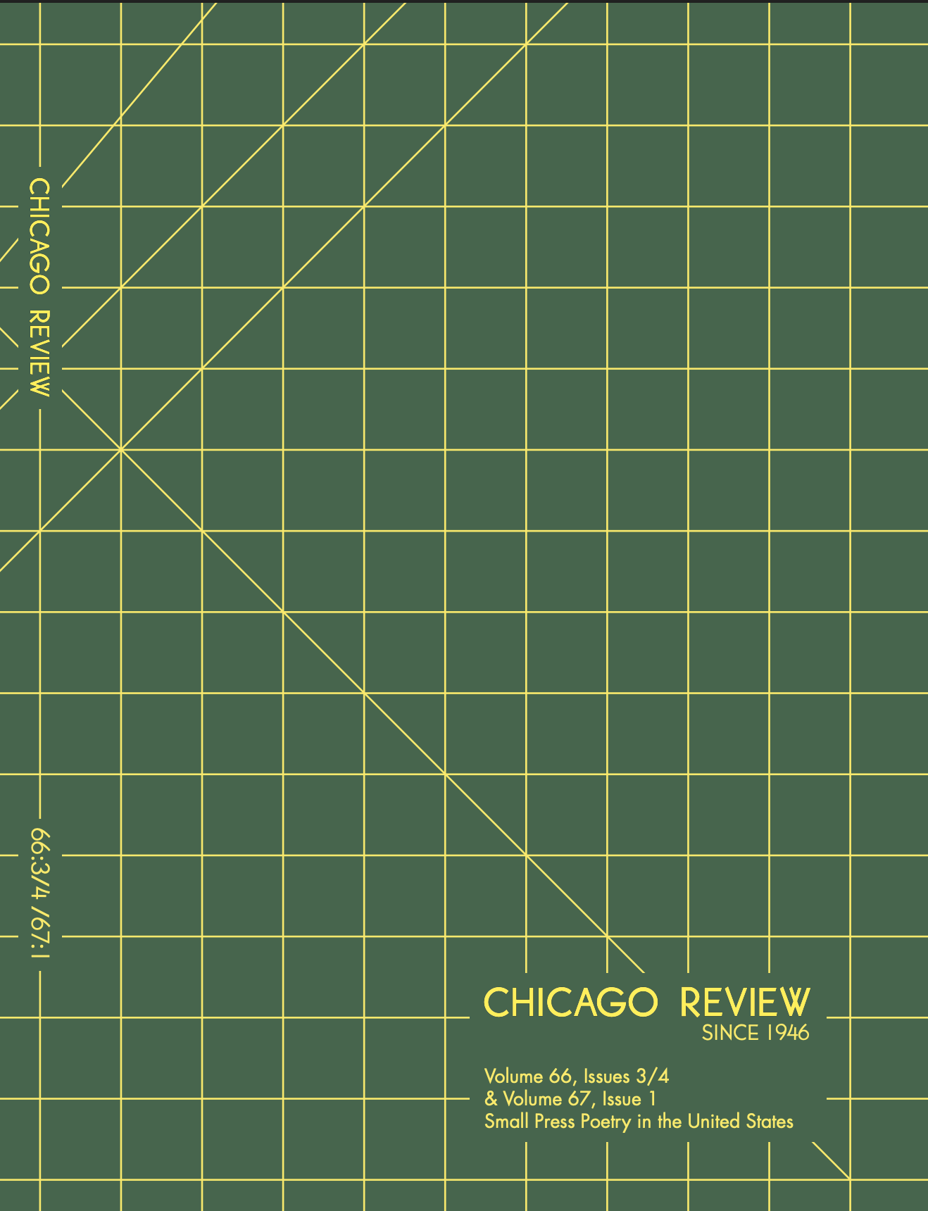 Cover of Chicago Review journal, featuring a green background with yellow grid lines and diagonal lines. Text includes 'Chicago Review Since 1946', volume and issue information, and mentions of small press poetry in the United States.