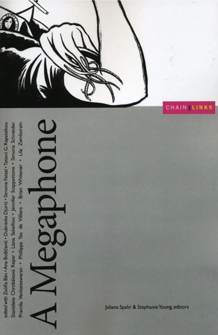 Book cover titled "Allegaphone" with a black and white illustration of a hand holding a spider, a label "CHAINLINKS" in pink and yellow, and a list of editors and authors.