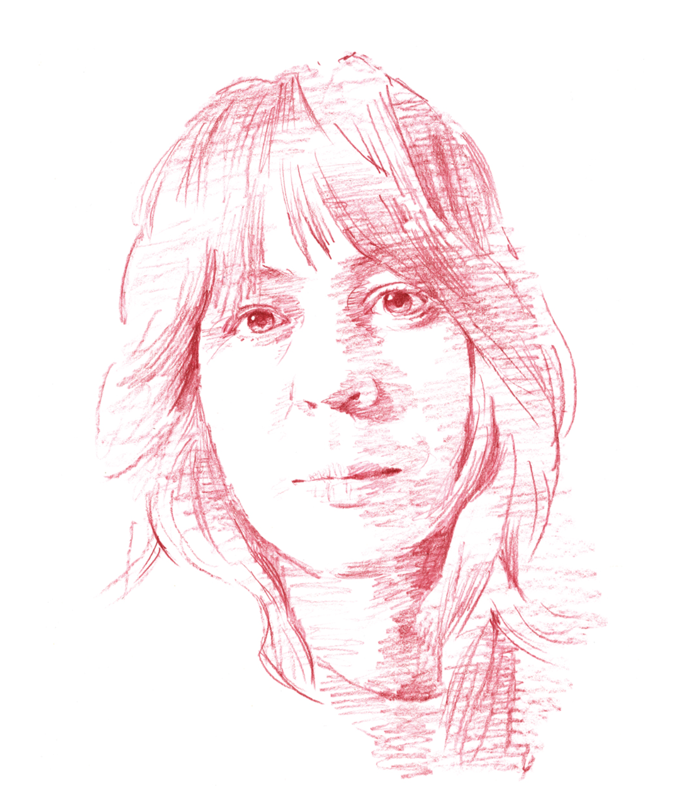 Sketch of a young woman with long, wavy hair and expressive eyes, drawn in pink pencil.