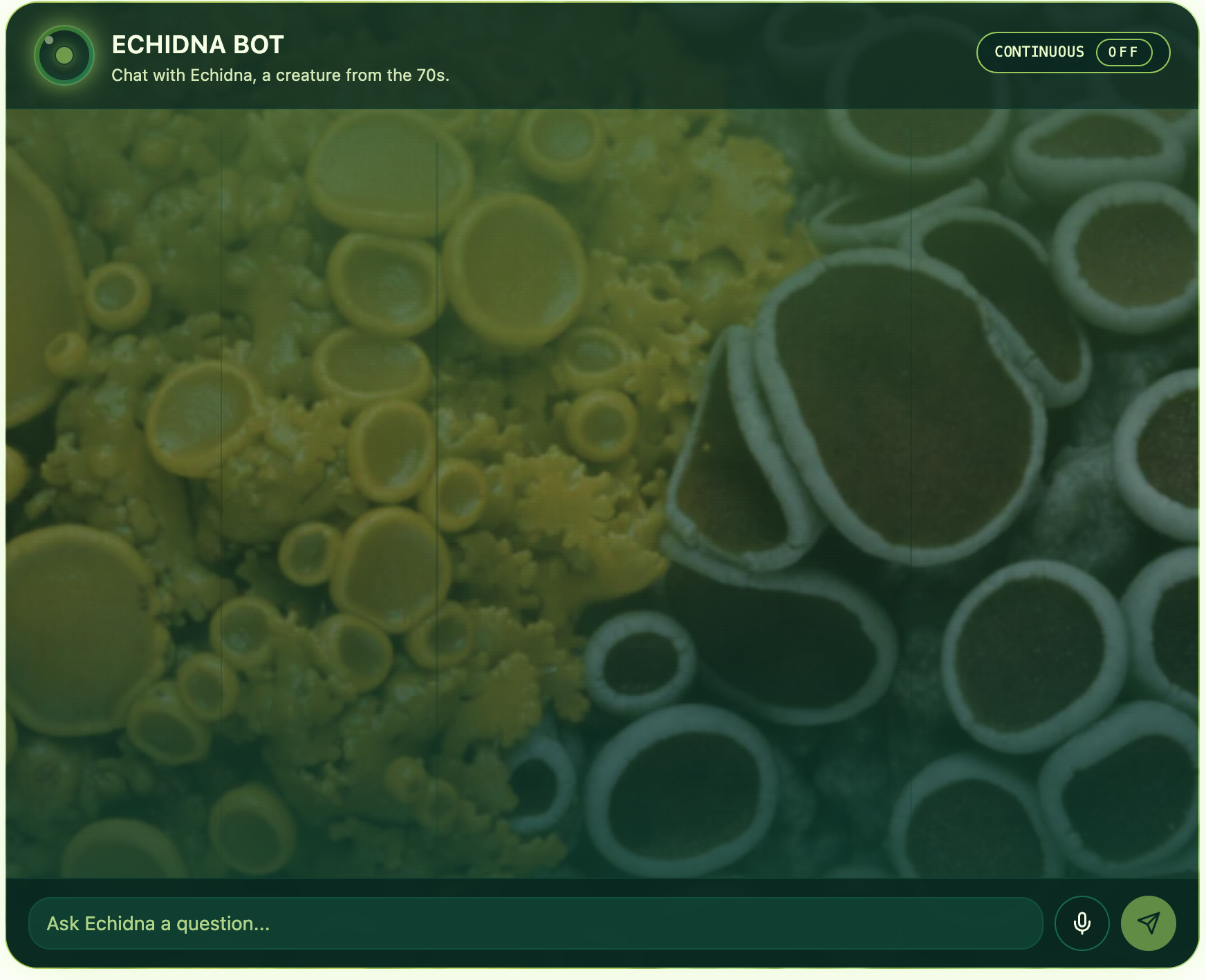 Screenshot of a chat interface with Echidna Bot, showing a background image of yellow and green fungi or mold, with green-themed interface elements.