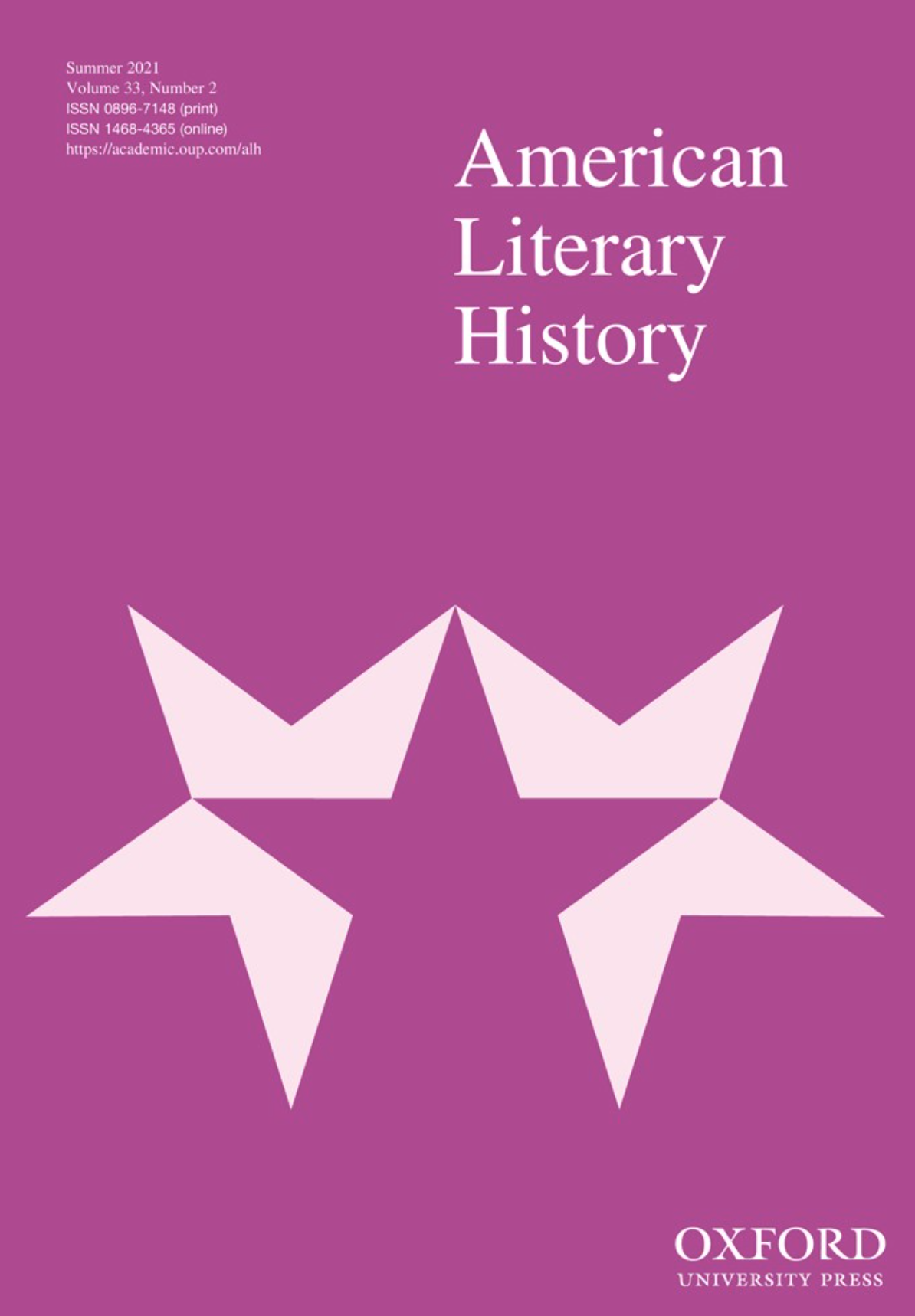 Cover of the American Literary History journal, Summer 2021, Volume 33, Number 2, published by Oxford University Press, featuring a purple background with a symmetrical star-shaped graphic.