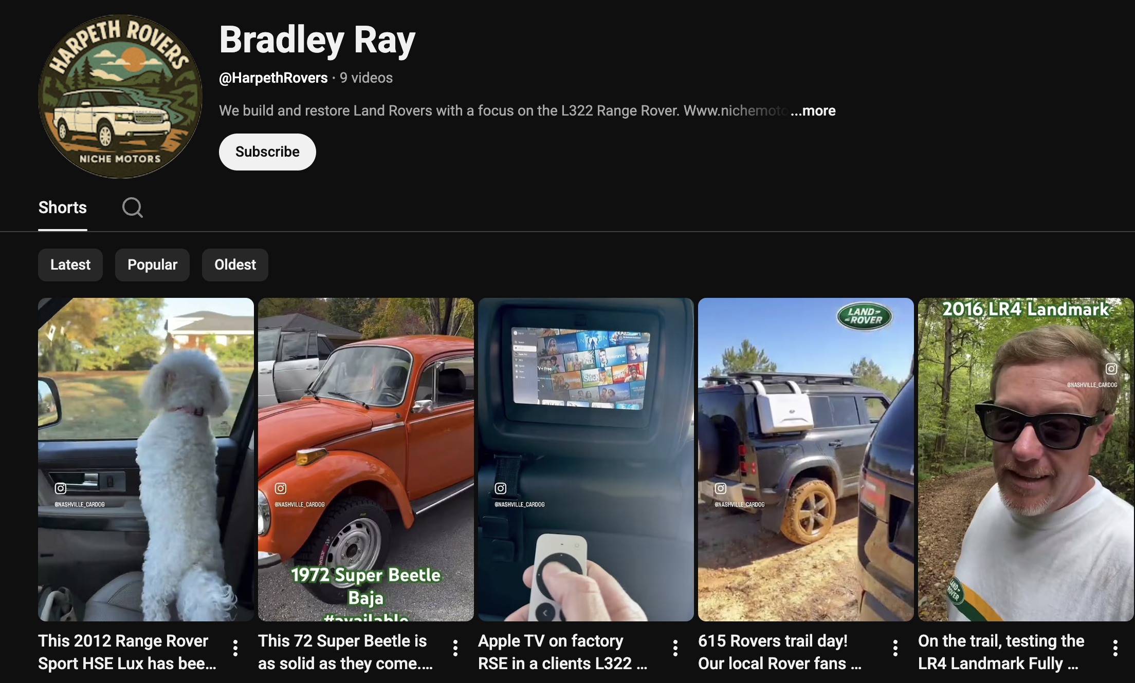 Screenshot of a YouTube channel page called 'Bradley Ray' focusing on Land Rovers, featuring videos about Range Rovers and classic Land Rovers, including a white dog in a car, a 1972 Super Beetle, an in-flight entertainment screen, a muddy Land Rover, and a man outdoors with sunglasses.