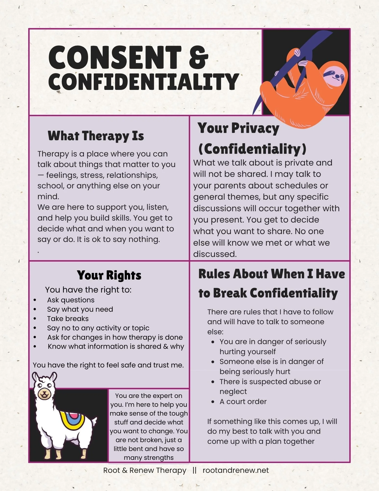 Information for teens about consent, picture of llama and sloth