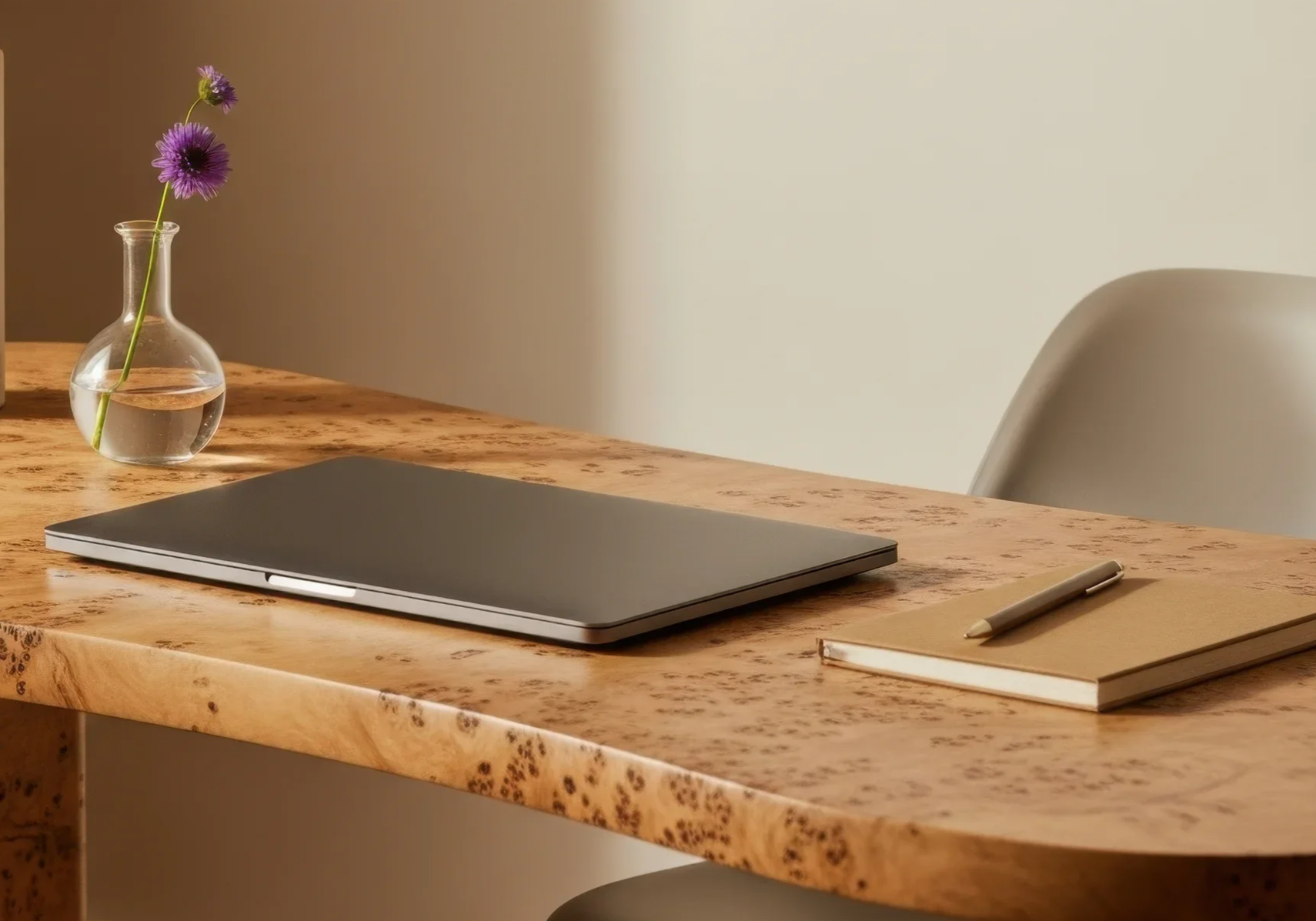 desk with notebook, pen, laptop and flower in a vase