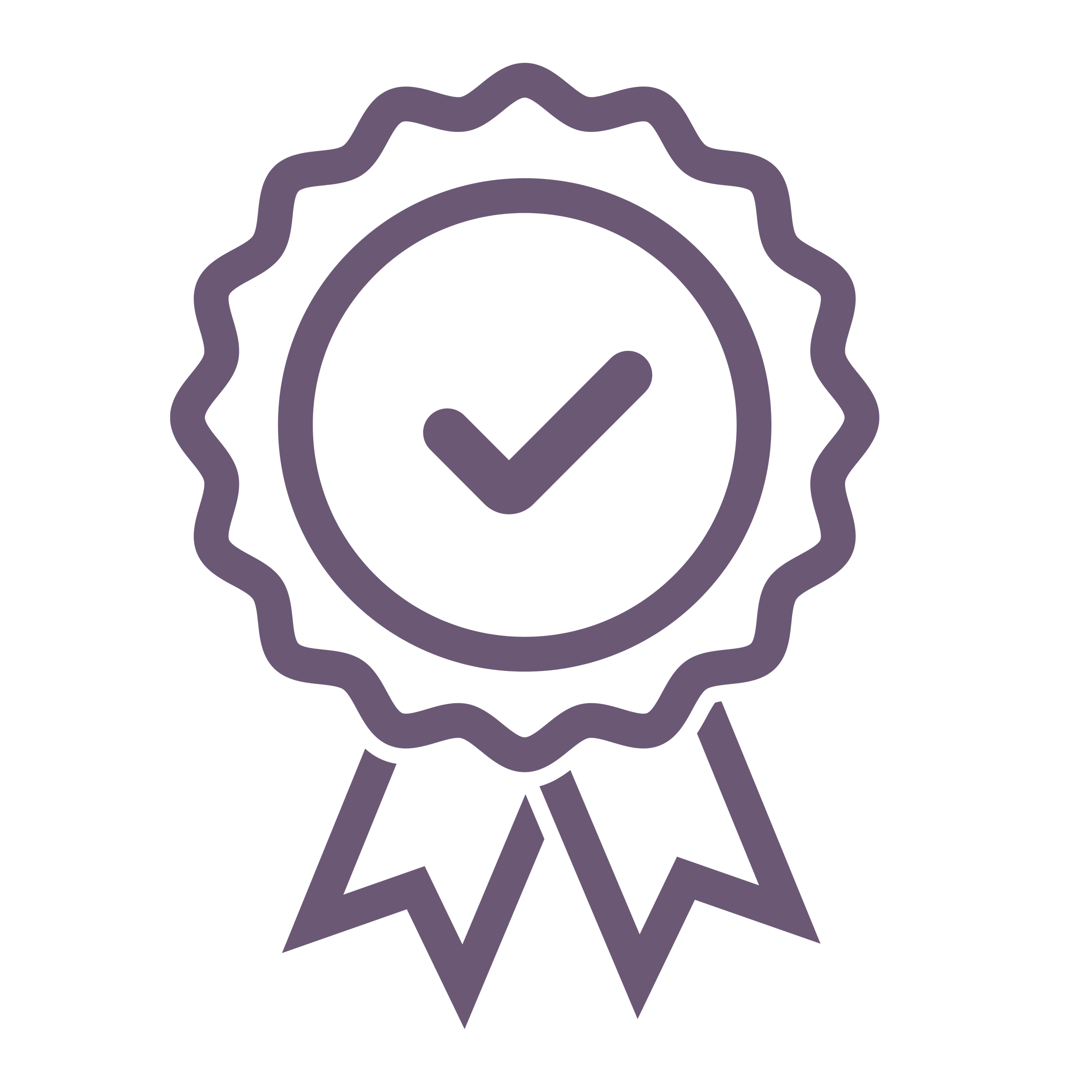 Illustration of a ribbon and a check mark inside a badge, both in purple color.
