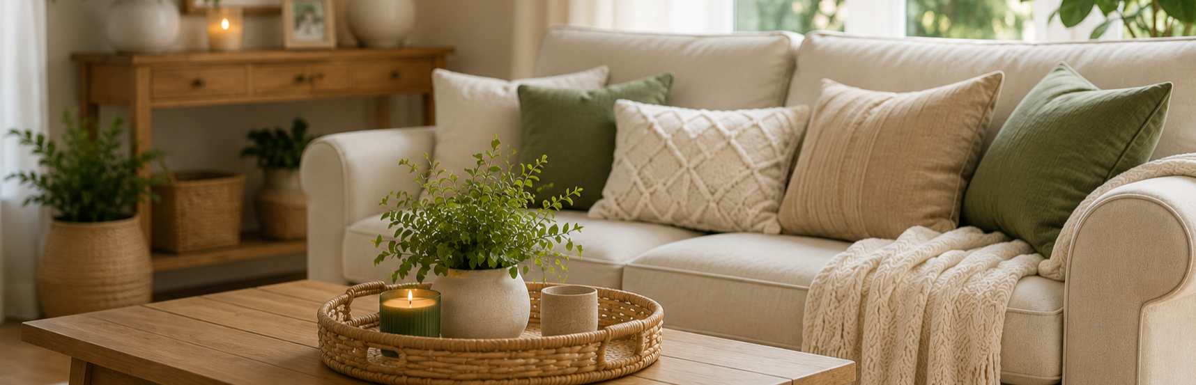 Living room with beige sofa, decorative pillows in green, beige, and cream, a wooden coffee table with a tray holding green candle, plants, and candles, at least two woven baskets with plants, and a wooden console table with candles and photo frame in the background.