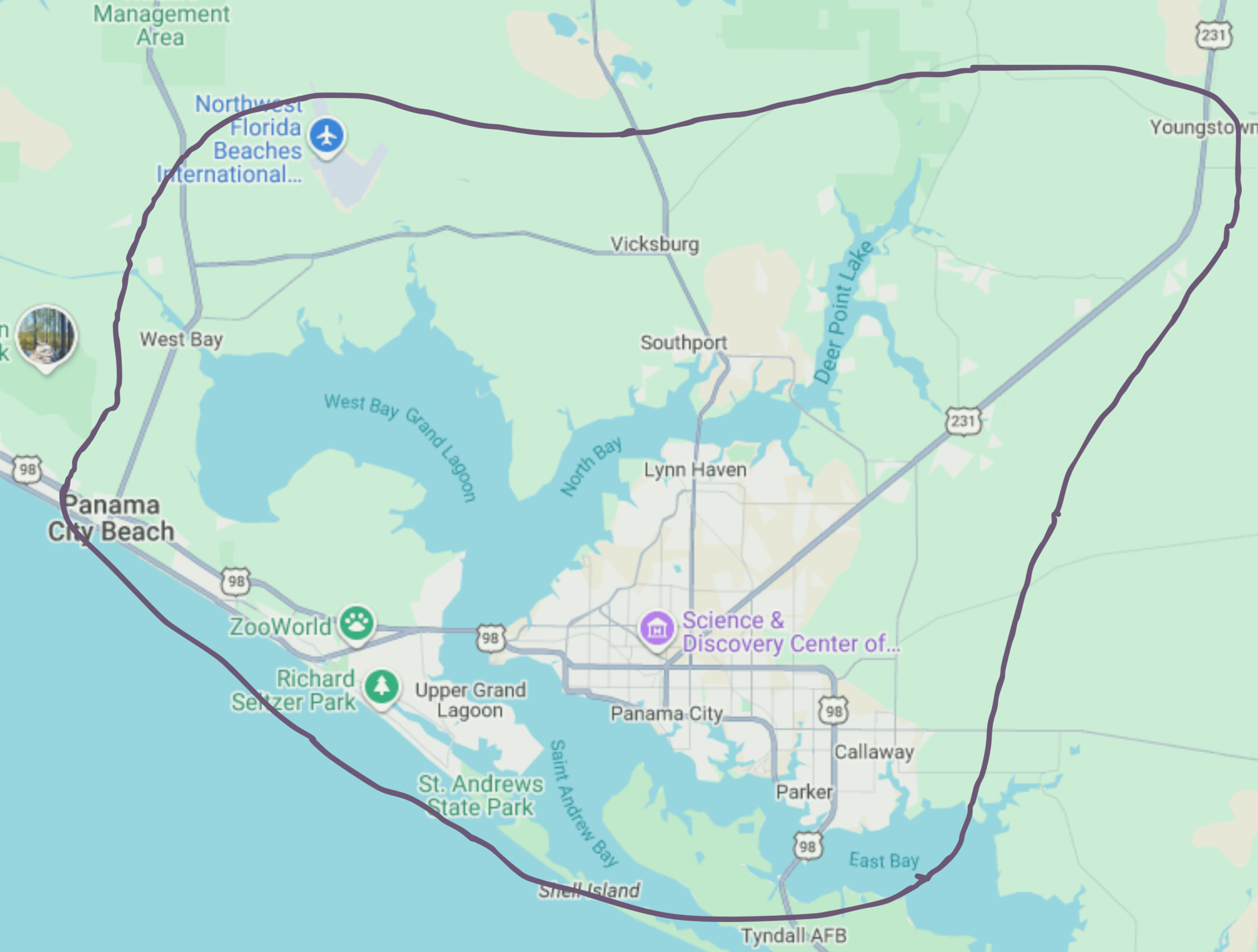 Map showing the area around West Bay, Florida, including North West Florida Beaches International Airport, Vicksburg, Southport, and Panama City, with landmarks like ZooWorld and St. Andrews State Park.