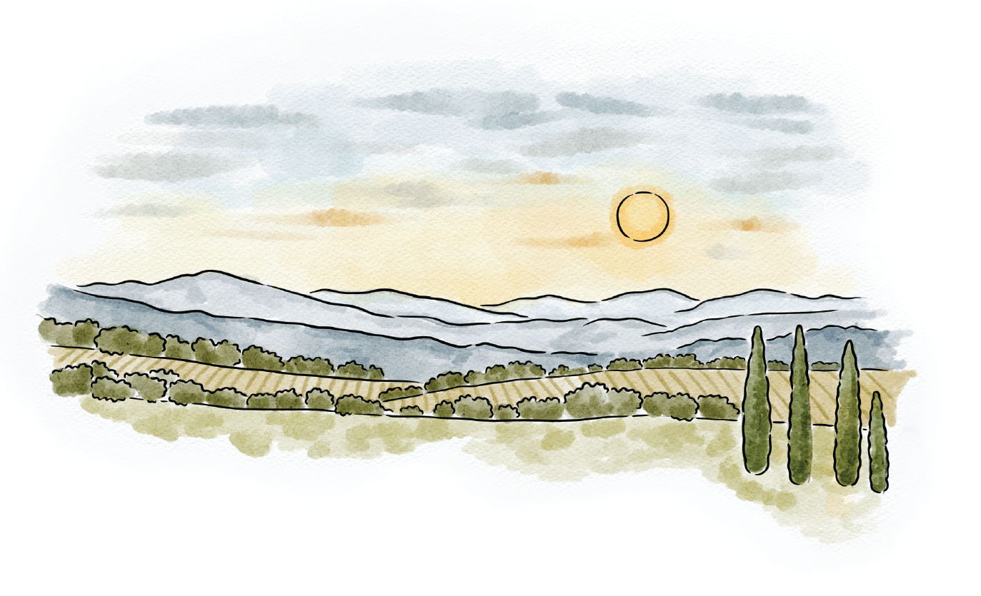 Watercolor painting of a landscape with hills, trees, and cypress trees under a cloudy sky with the sun