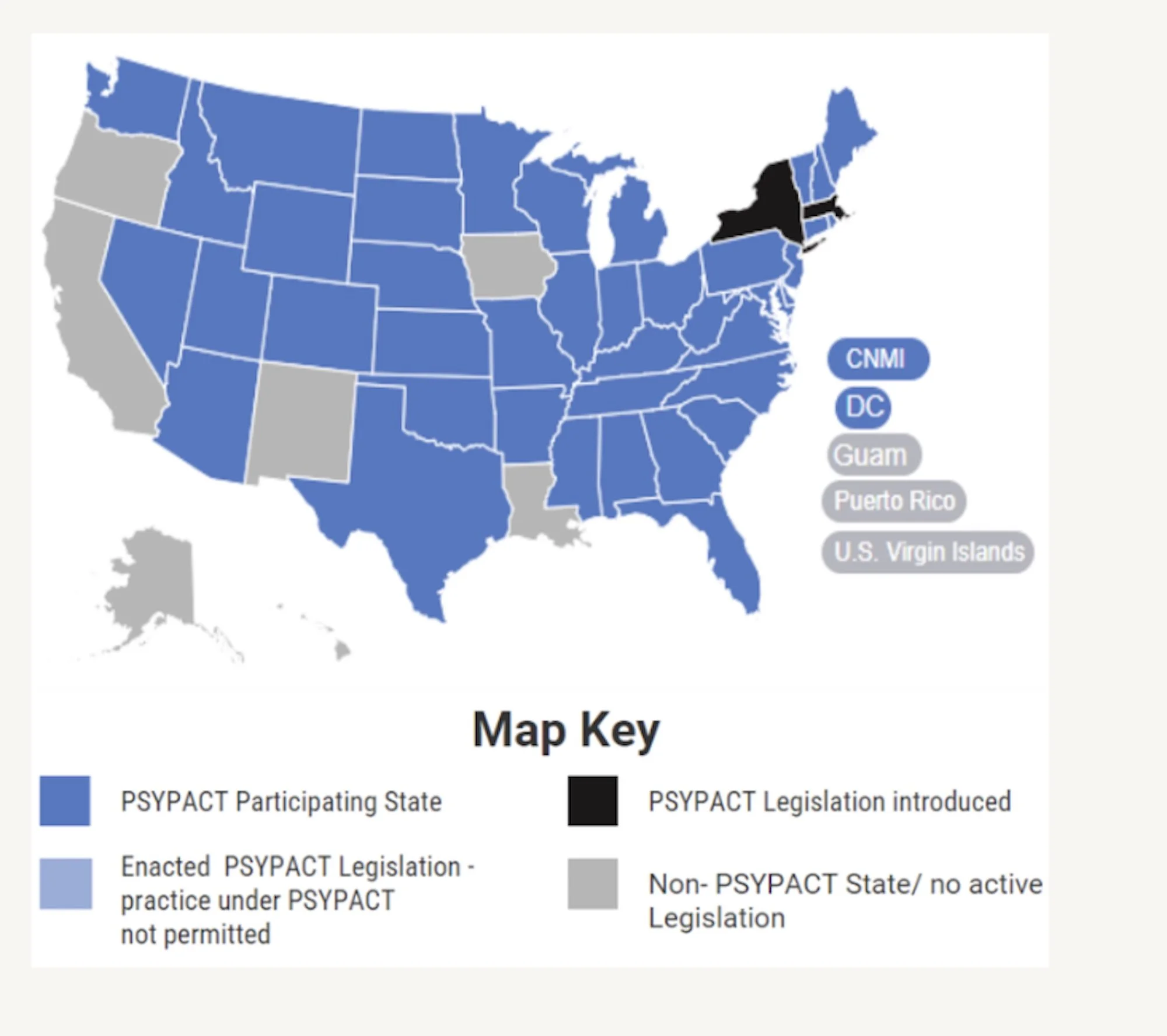 Map showing 40 plus states where Olive Tree Psychology Clinic provides telehealth therapy through PSYPACT.