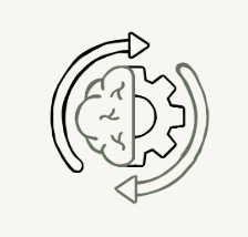 A graphic illustration of a human brain and a gear side by side, connected by two circular arrows, symbolizing brain function and technology or innovation.