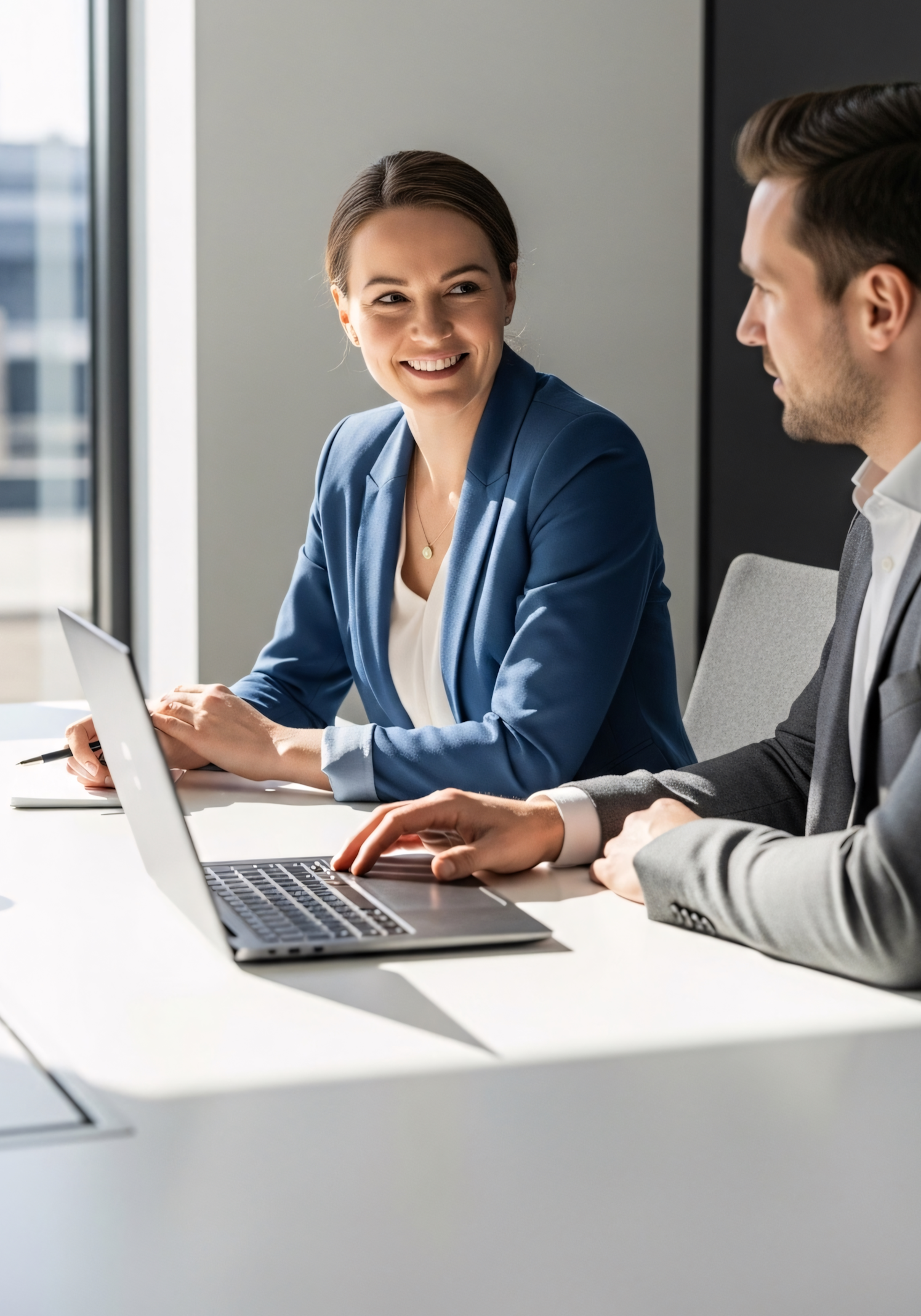 A woman in a blue blazer smiling while talking to a man in a grey suit during a business meeting in a modern office.