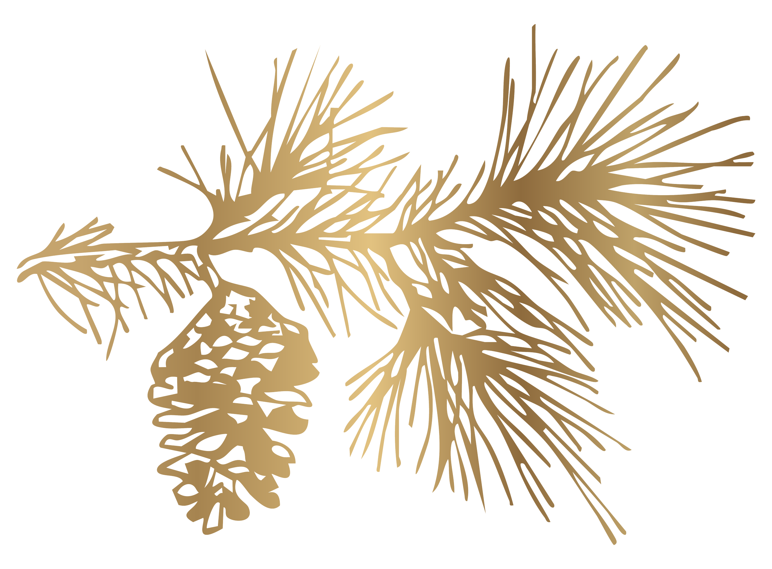Gold-colored pine cone with pine needles on a transparent background.