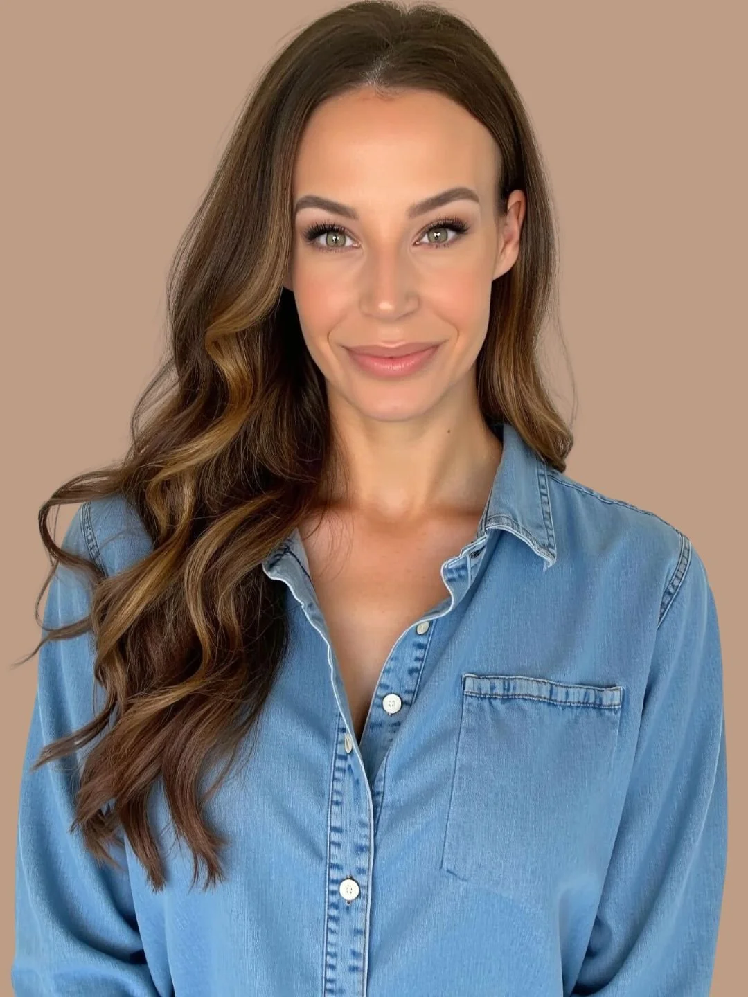 A woman with long wavy brown hair and light skin, wearing a denim shirt, smiling against a beige background.